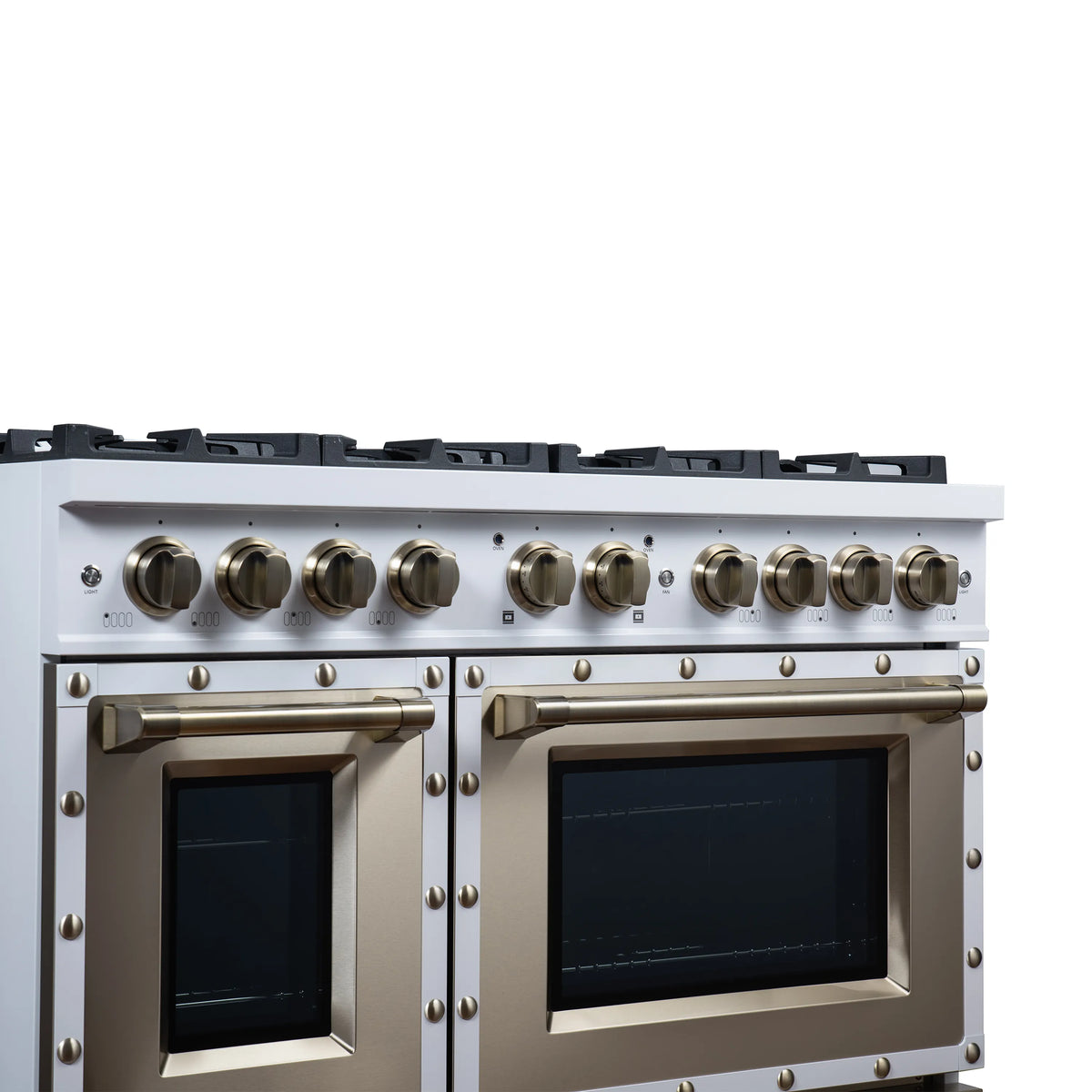 White double-oven gas range with eight-burner cooktop and brass door handles