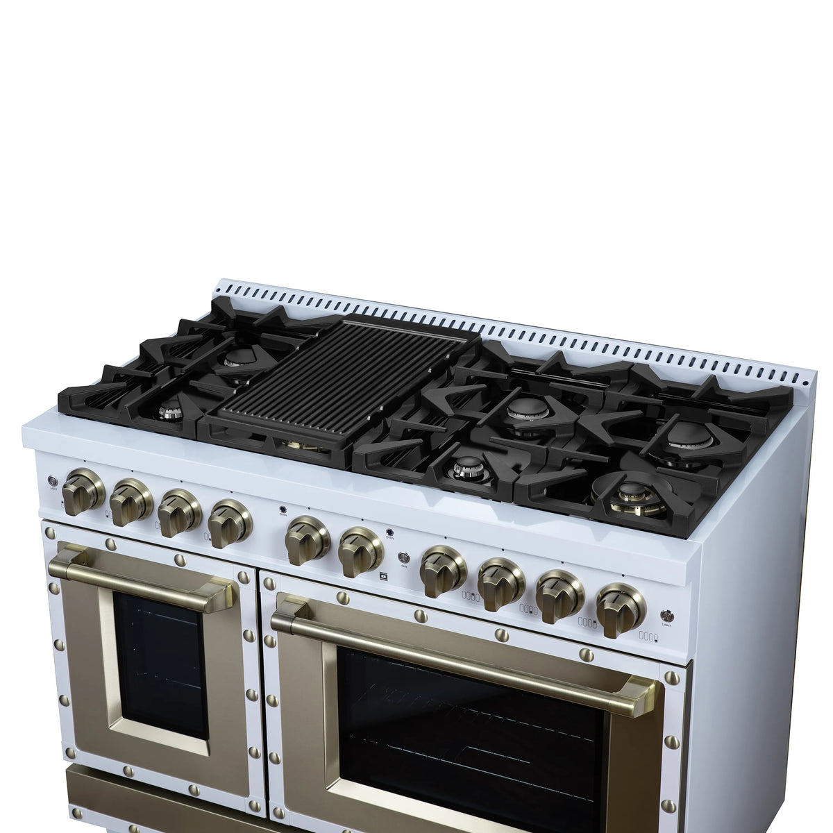 White gas range with black griddle insert on the cooktop and brass control knobs