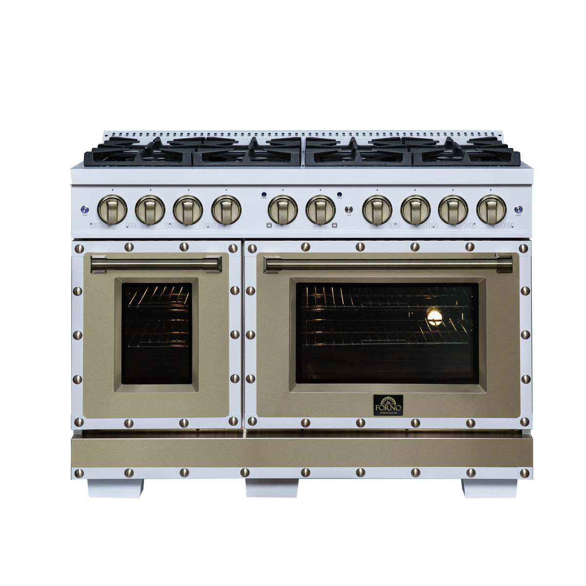 White double gas range front with twin oven doors, brass knobs, and black cooktop grates