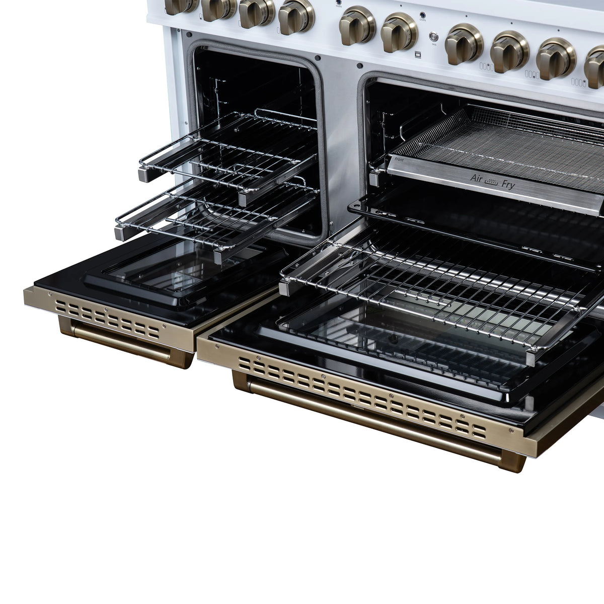 White 48-inch gas range with two open ovens, wire racks, and brass/copper trim