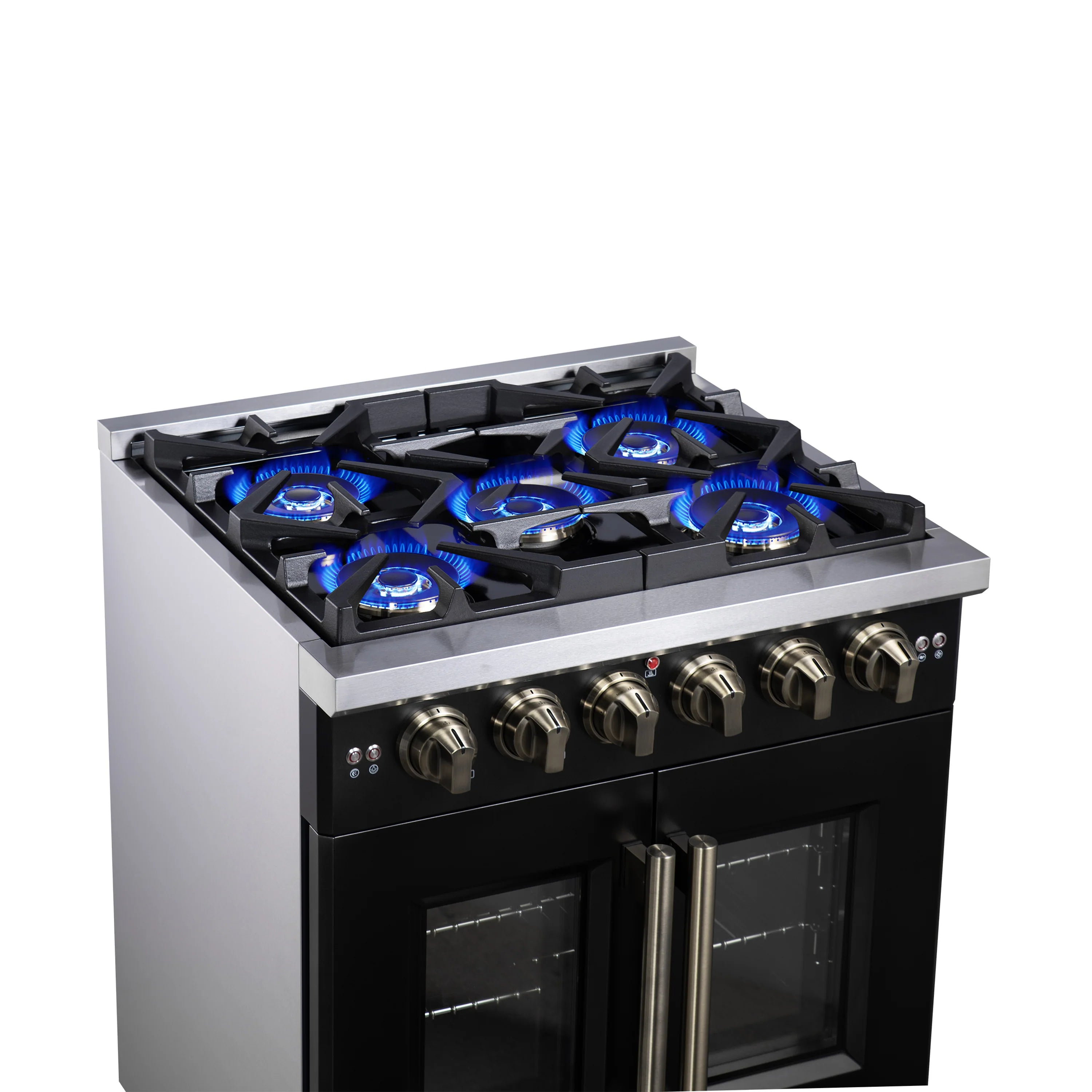 Black gas range cooktop with four blue flames, control knobs, and French oven doors.