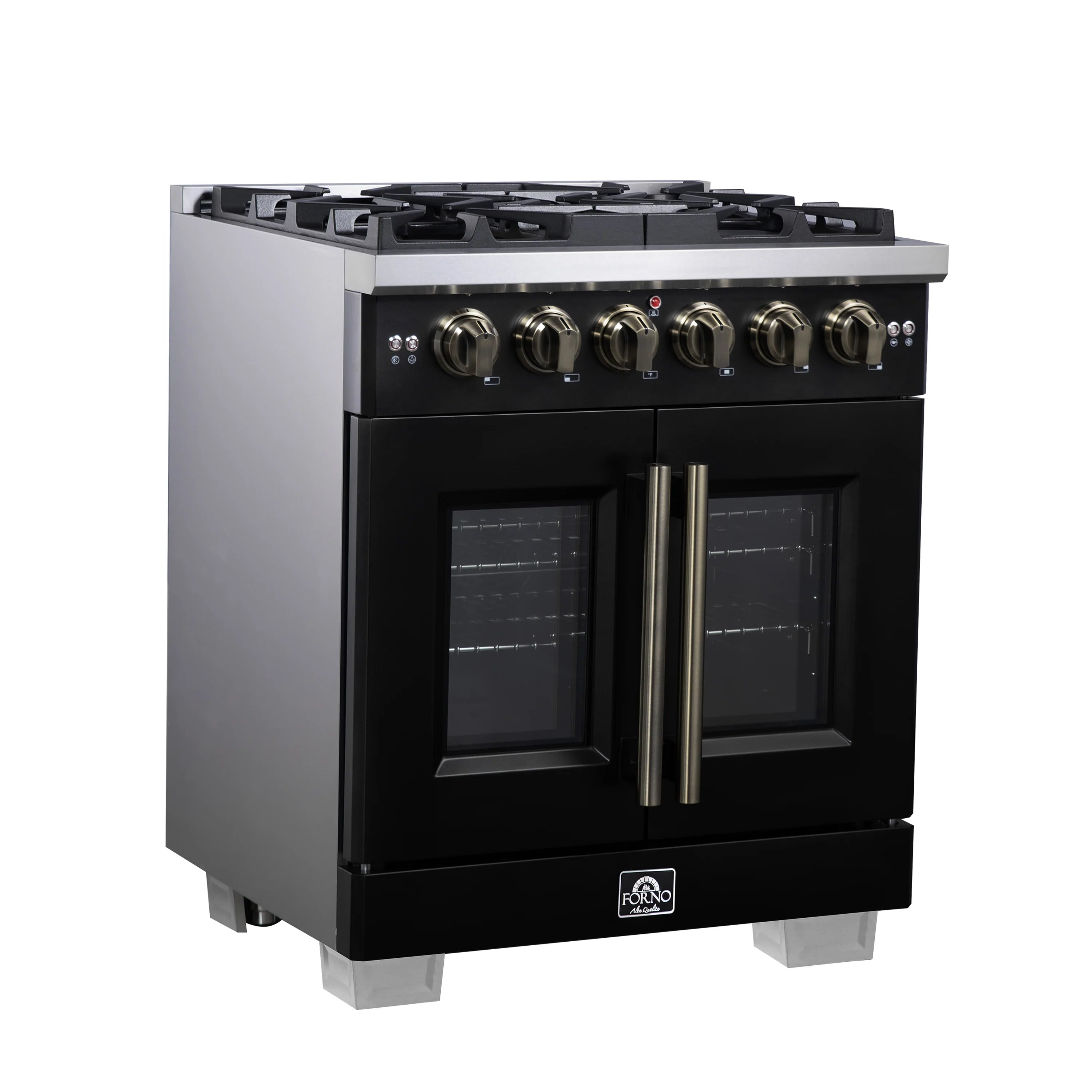 Black freestanding gas range with four-burner cooktop and two French oven doors