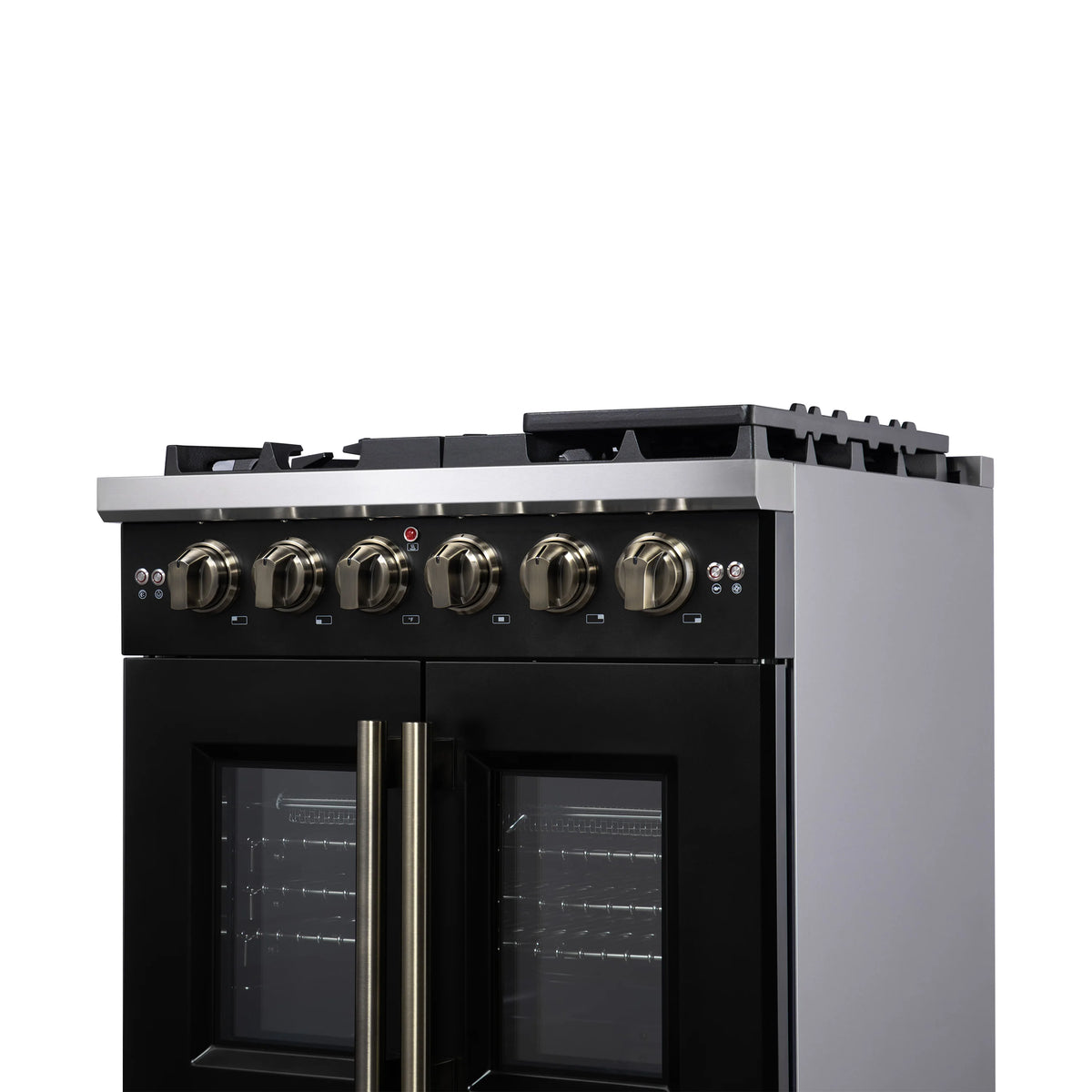 Black French door gas range with brass handle and control knobs above oven windows.