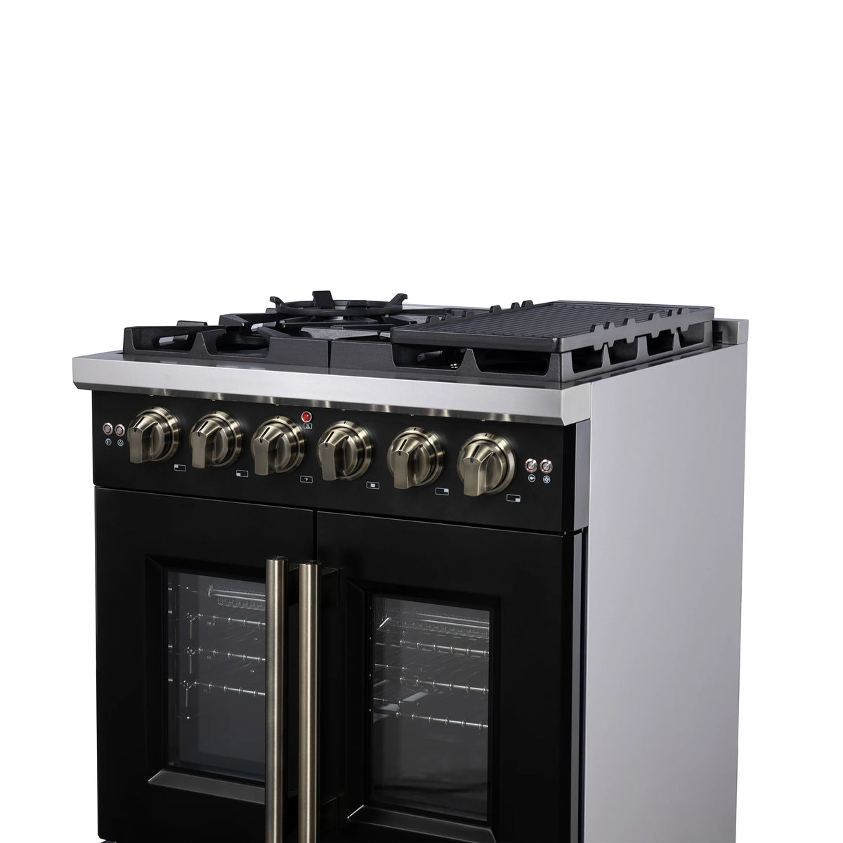 Black gas range cooktop with four burners and twin glass French oven doors.