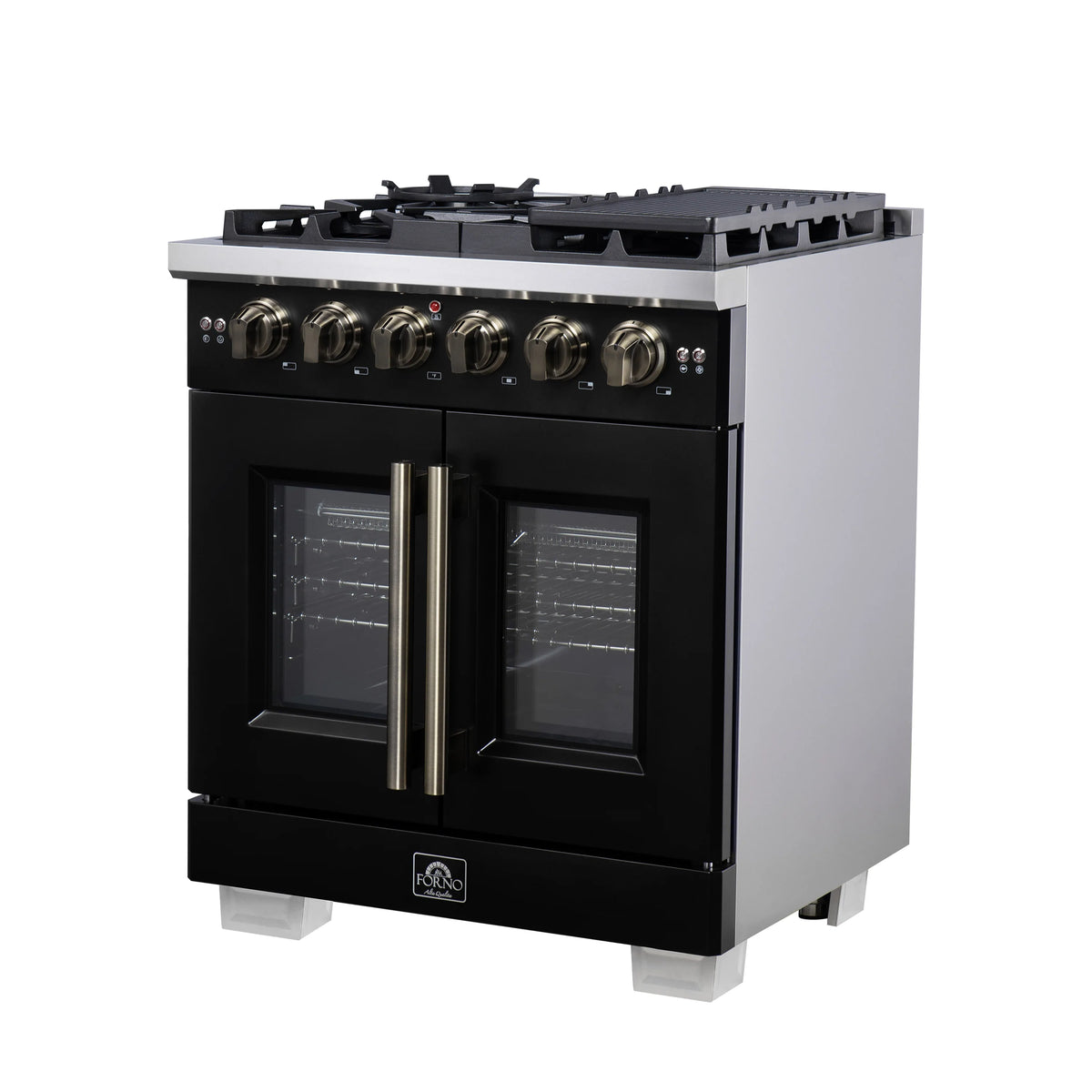 Black freestanding gas range with four burner knobs and French double oven doors.