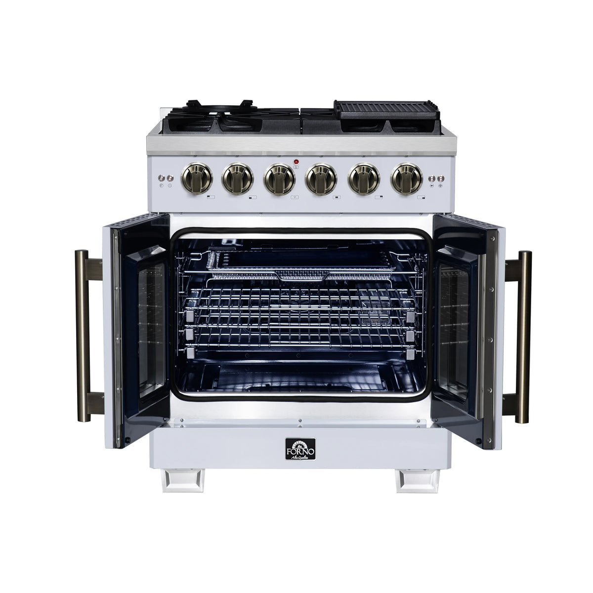 White gas range with oven door open, interior racks visible, and side brass handles