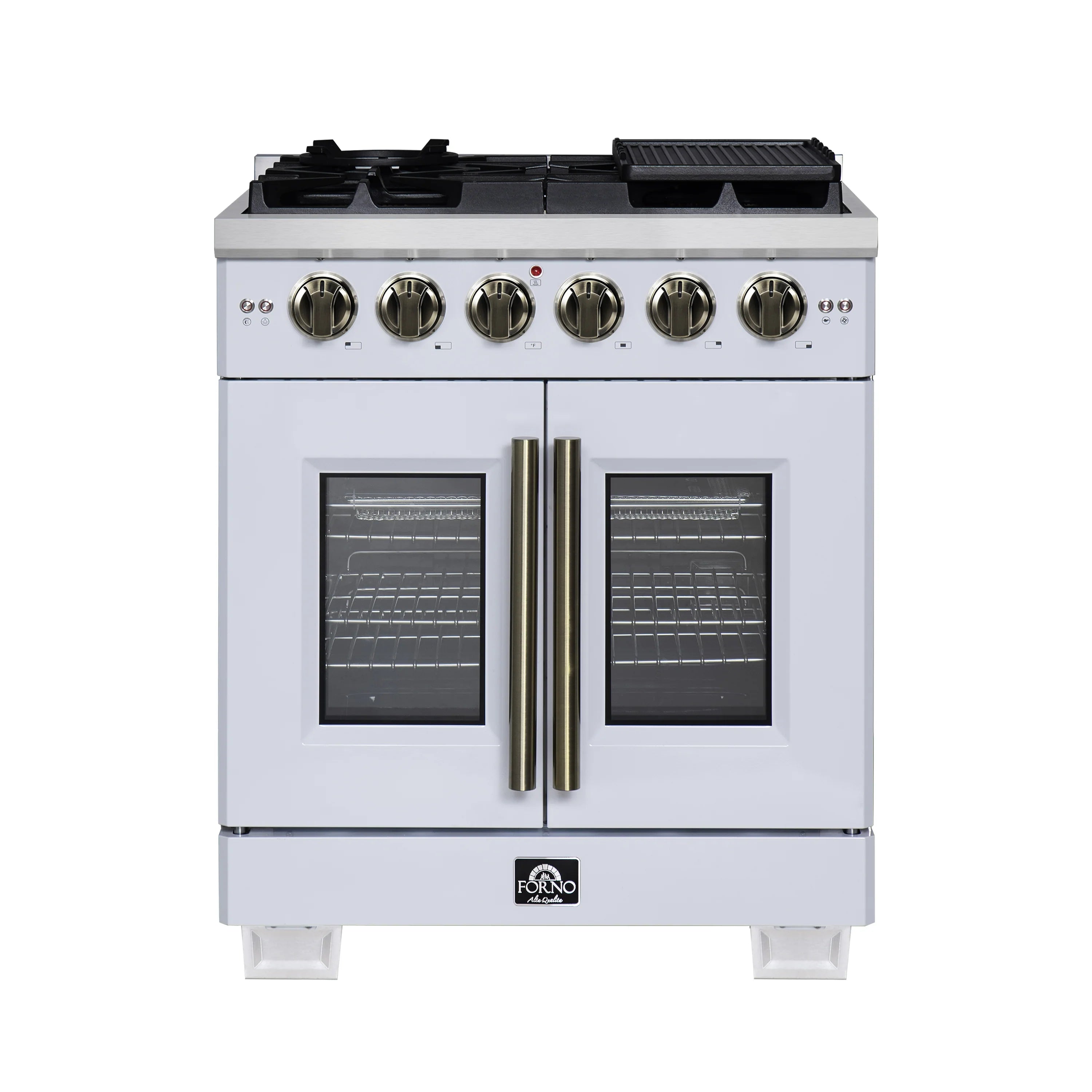 White freestanding gas range front view with French doors, brass handle, and knobs