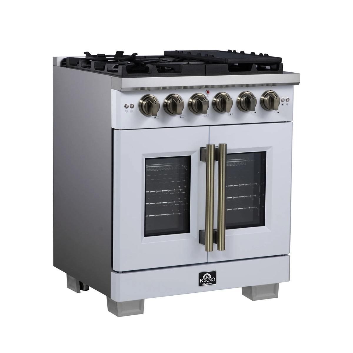 White freestanding gas range angled view with French doors and burner grates