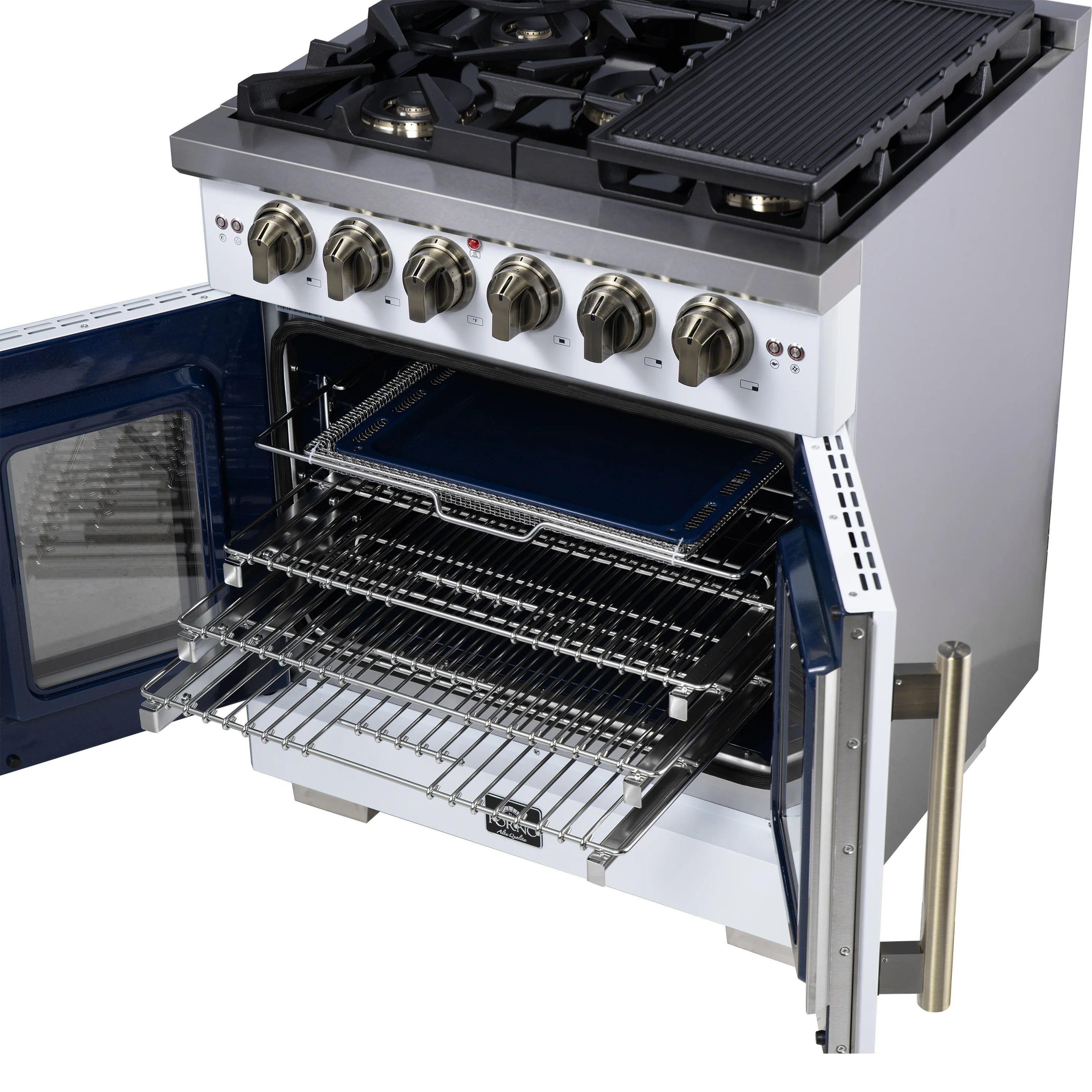 Open white oven with wire rack and metal tray; brass door handles and side supports.