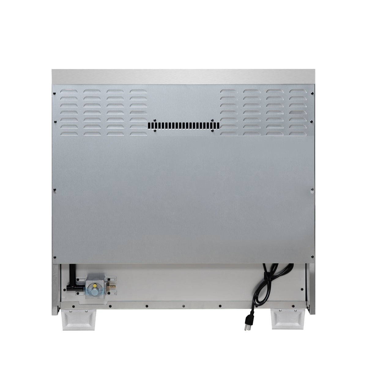 Back panel of a freestanding gas range with ventilation grilles and power connection