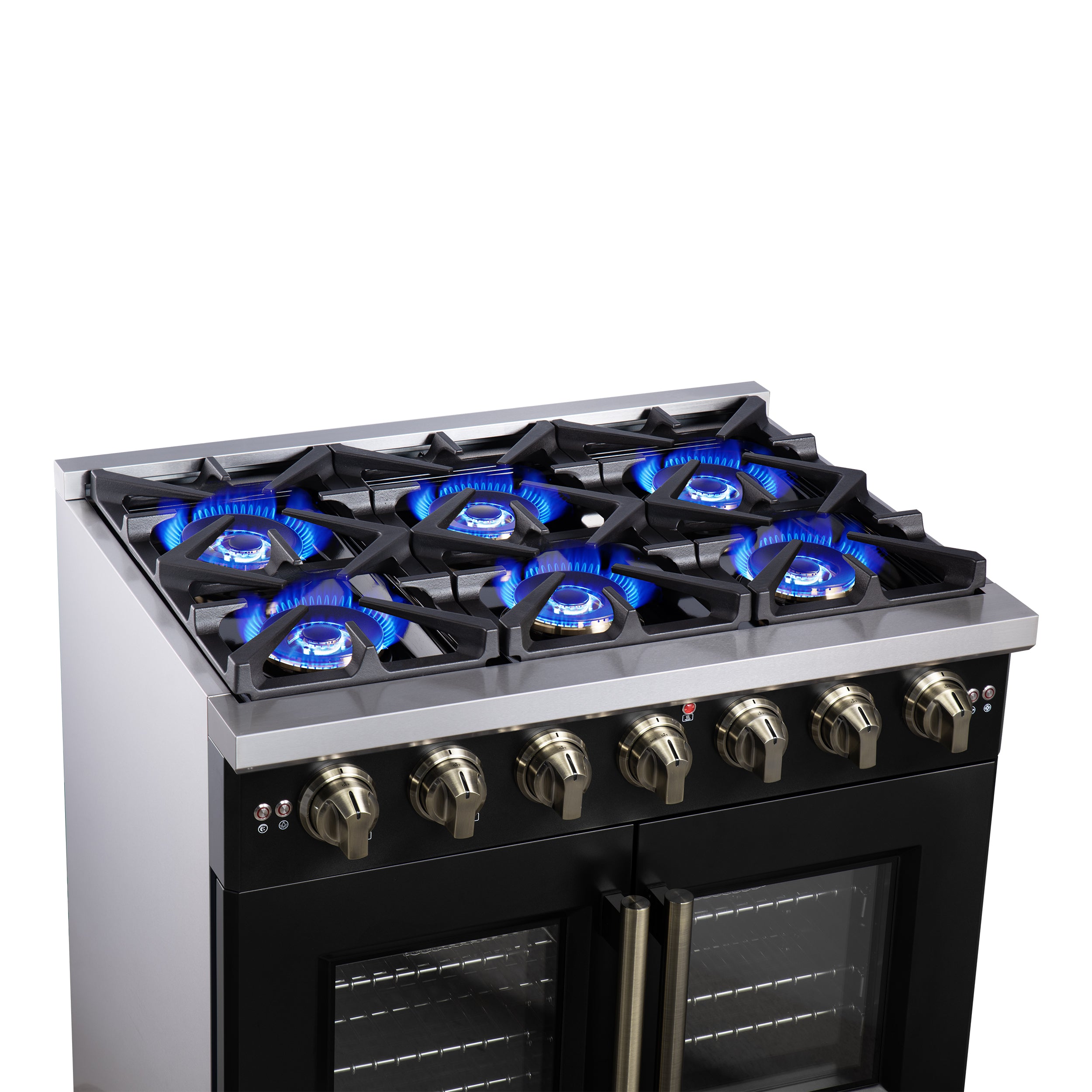 Close view of 6 blue-lit gas burners on a black freestanding gas range top