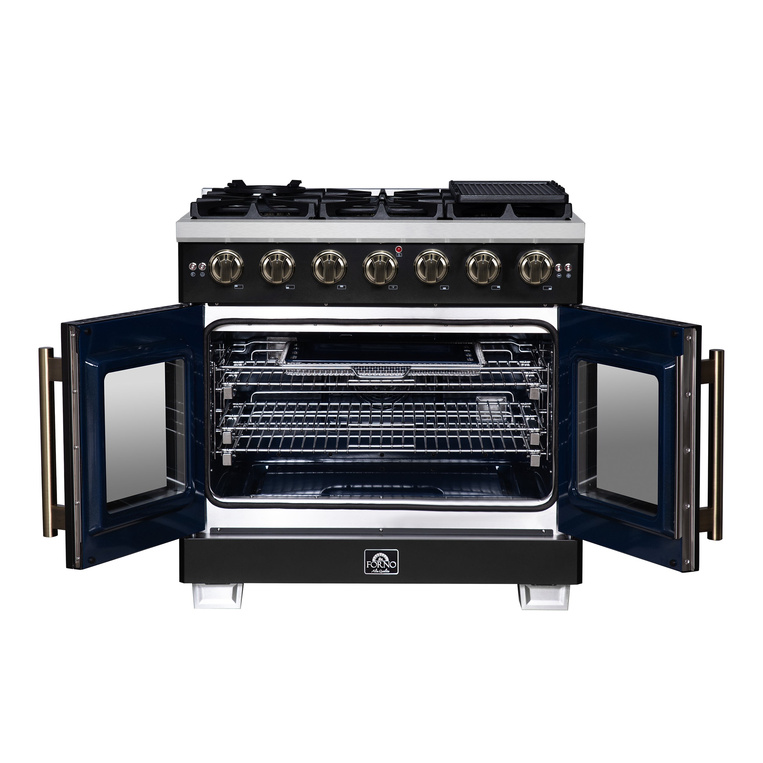 Black gas range with open French oven doors showing interior racks