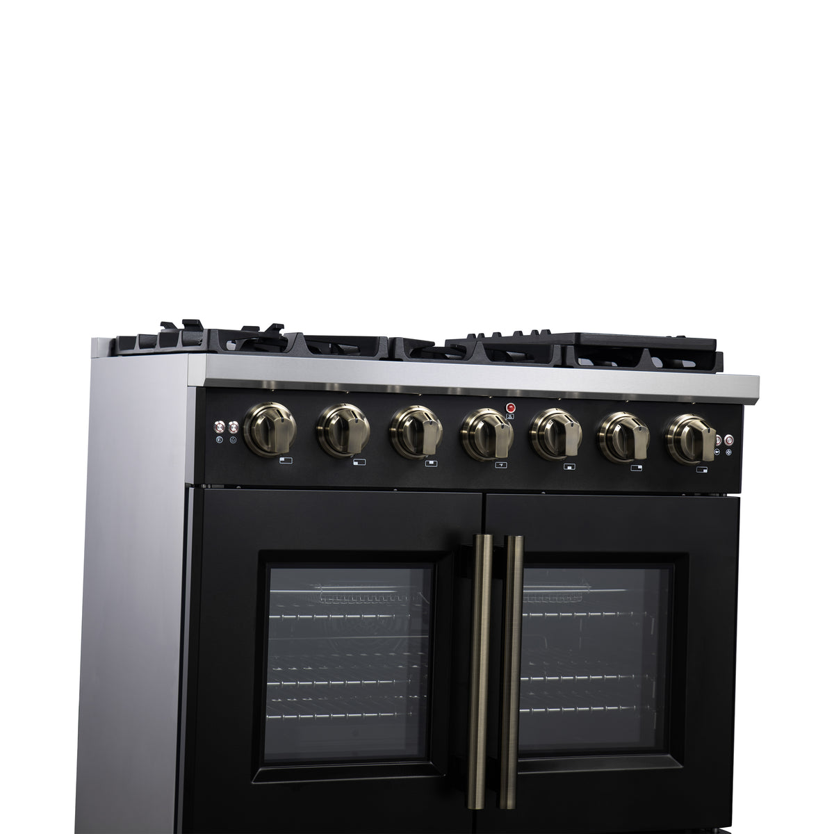 Black gas range with six burners and dual French door oven windows