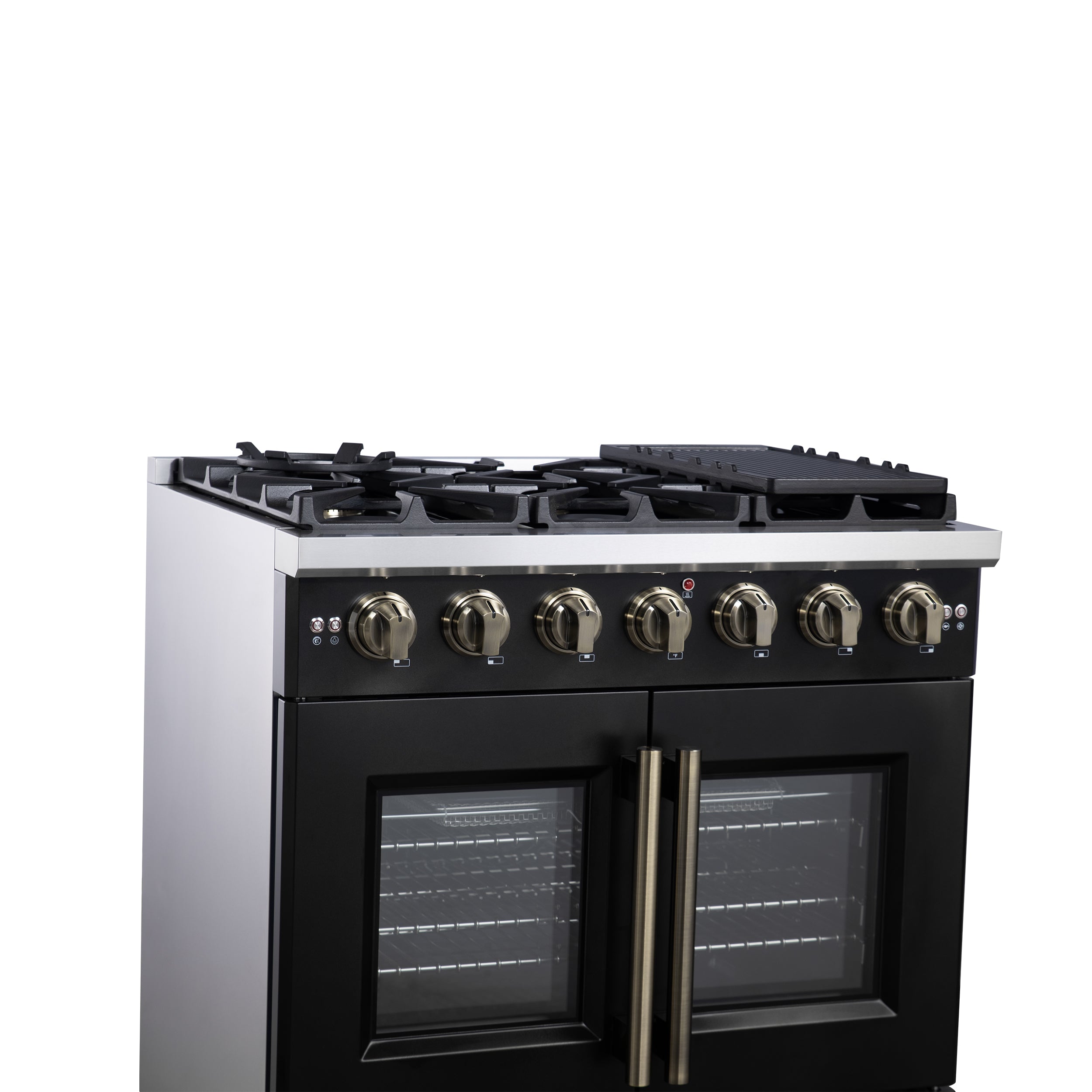 Black gas range with six burners and French door oven front panel