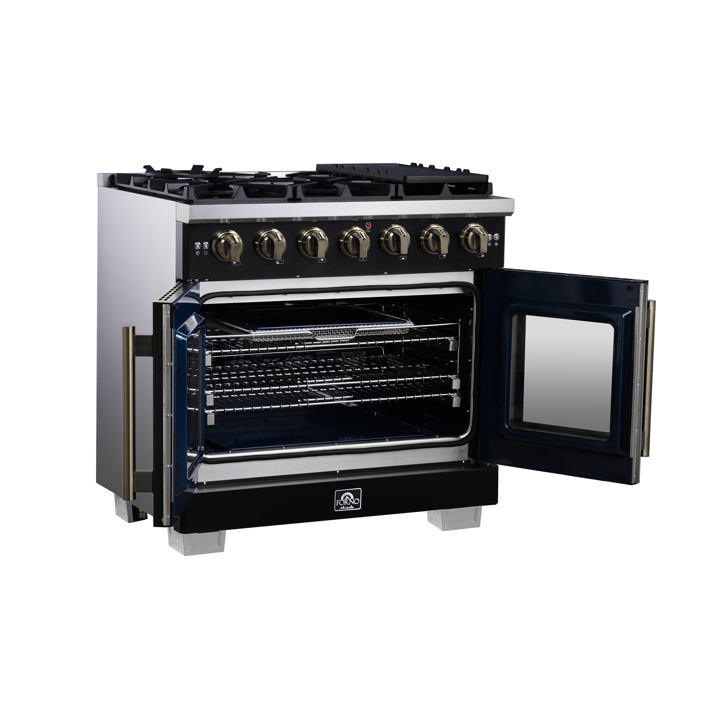 Black freestanding gas range with French doors open, racks inside, brass controls and knobs