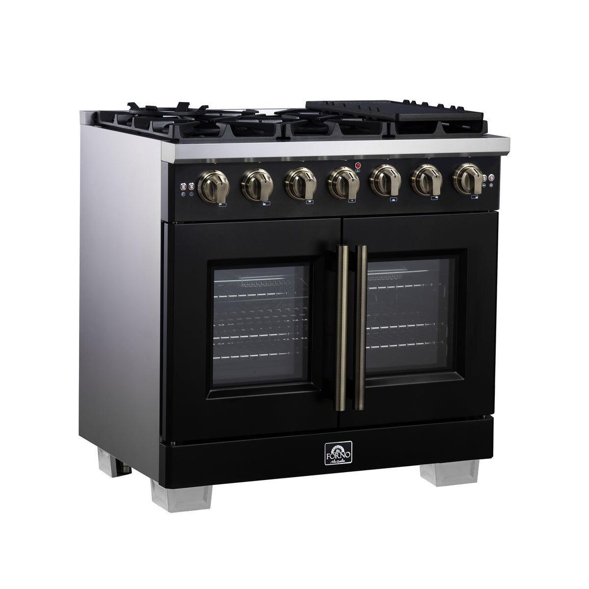 Black gas range with French doors and gold-tone handle bars in close-up