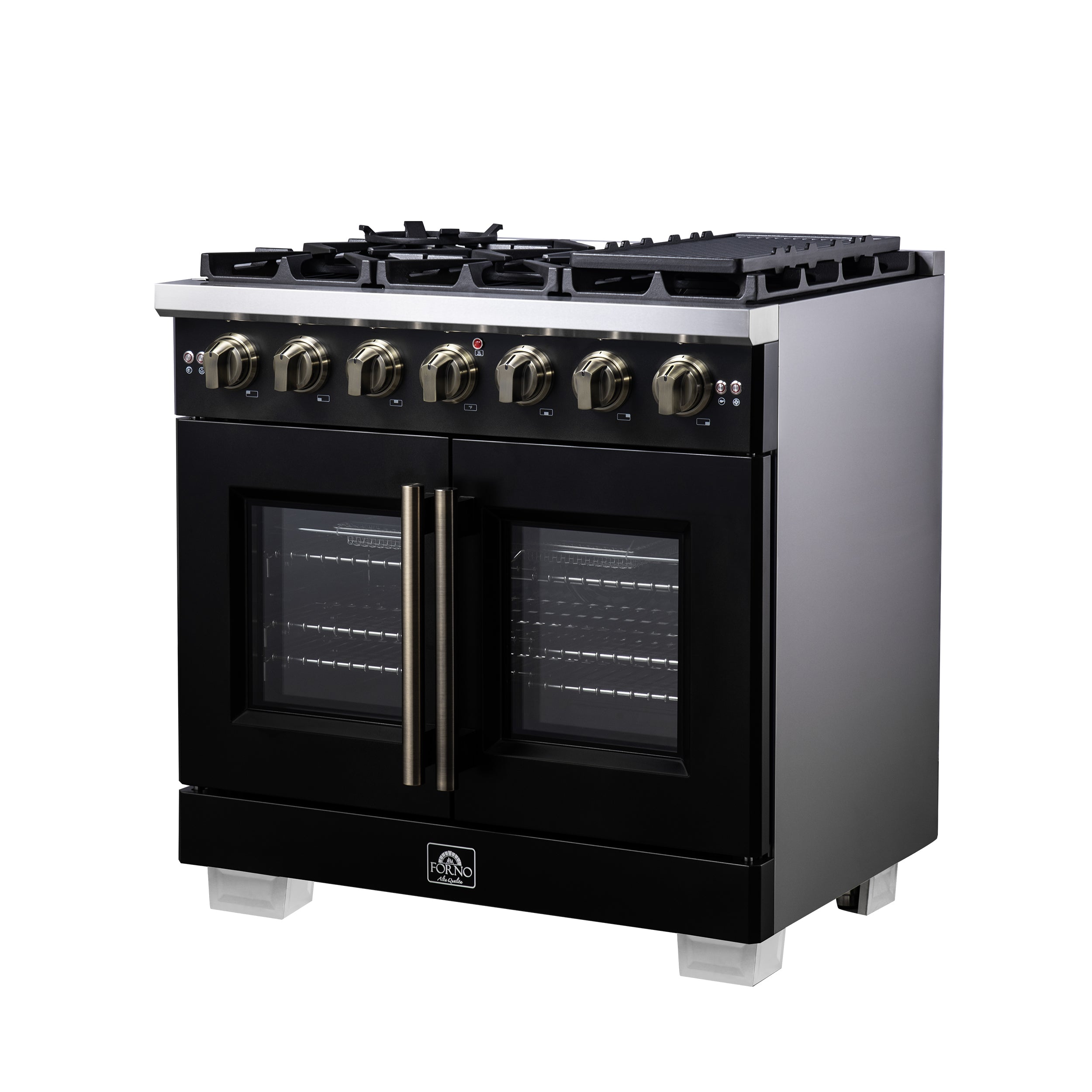 Black freestanding gas range front view with dual oven doors and brass vertical handle