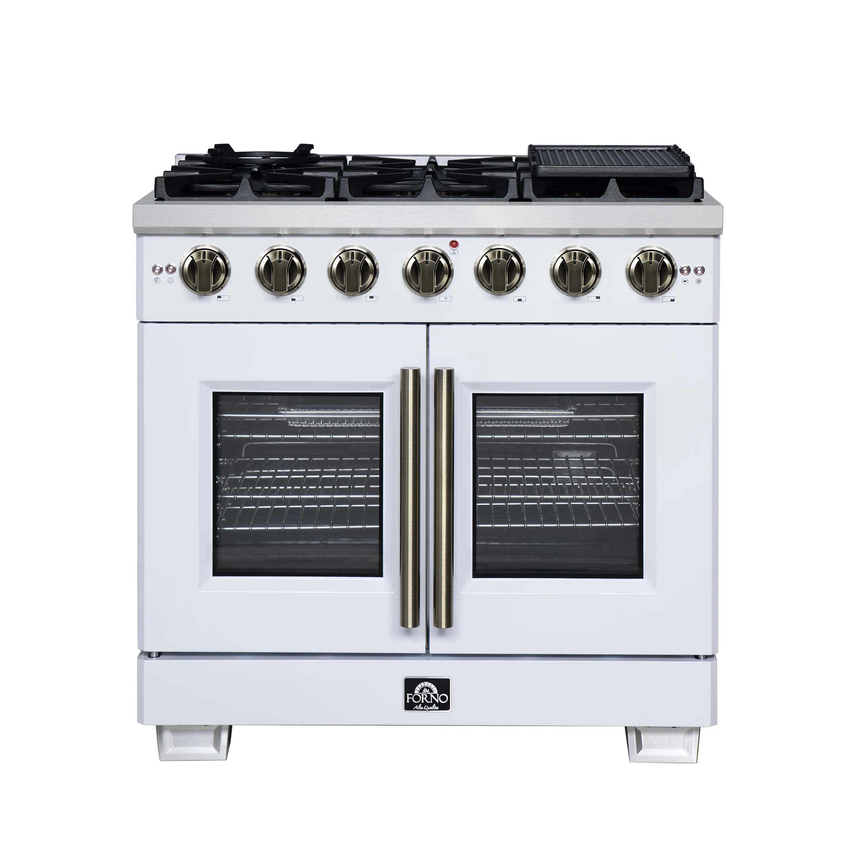 White freestanding gas range with six front control knobs, twin oven doors, and brass handles