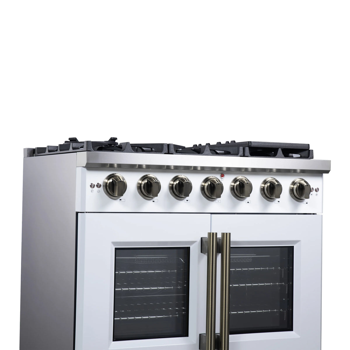 White freestanding gas range front view with six burners, brass knobs, and two French doors