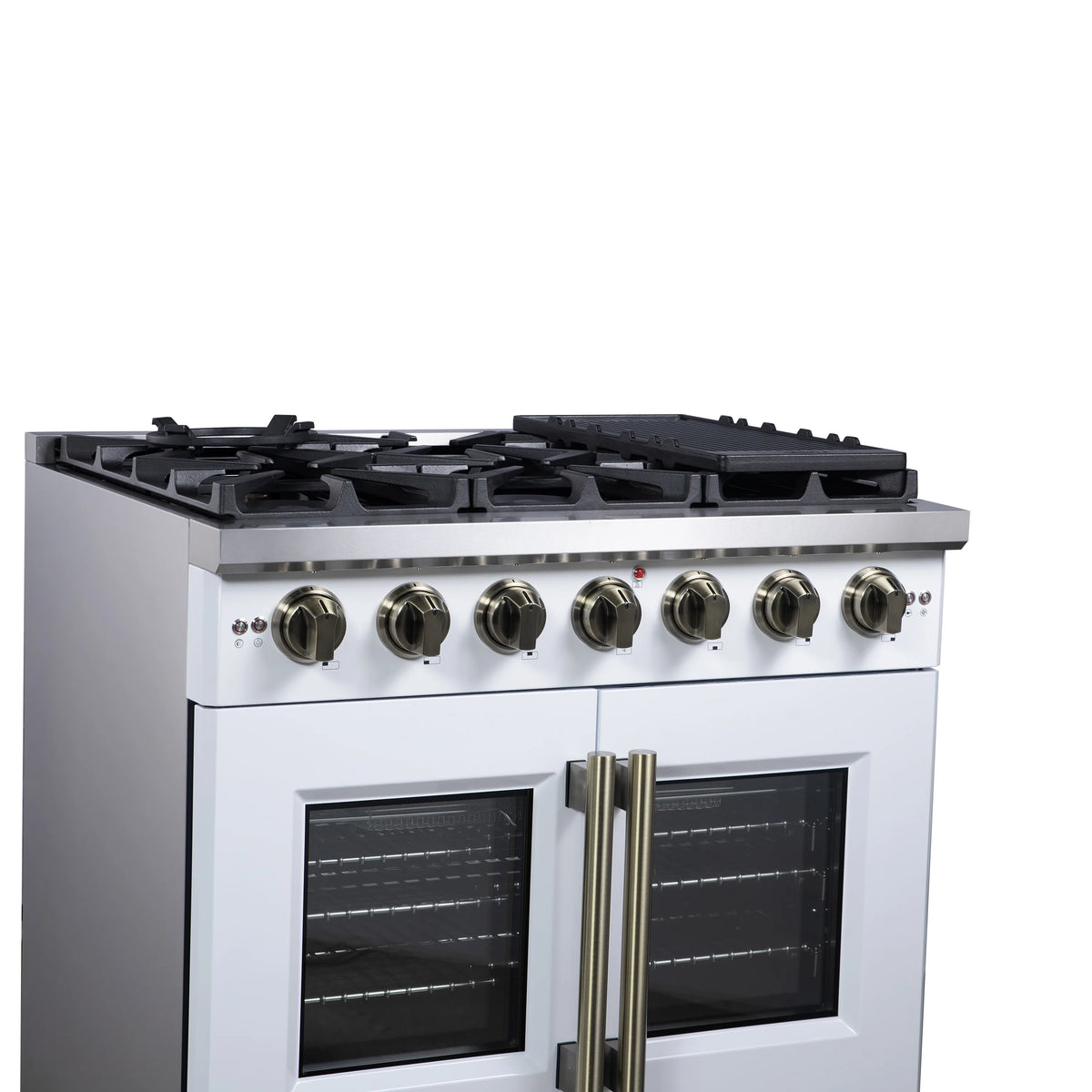 White freestanding gas range front close view with brass handle and control knobs