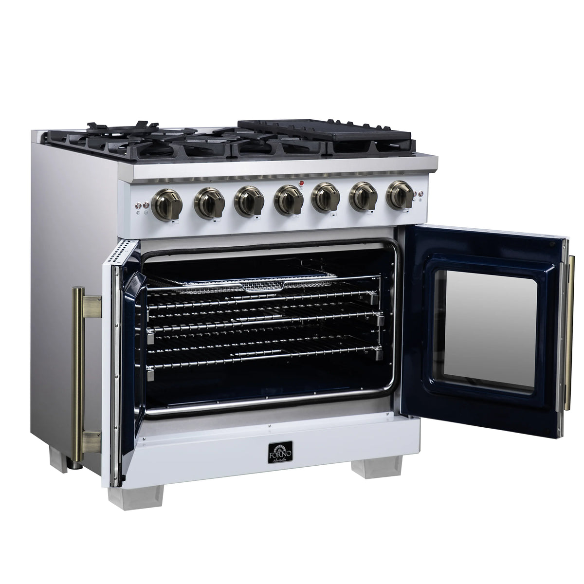 White freestanding gas range with oven door open, showing interior rack system and burners