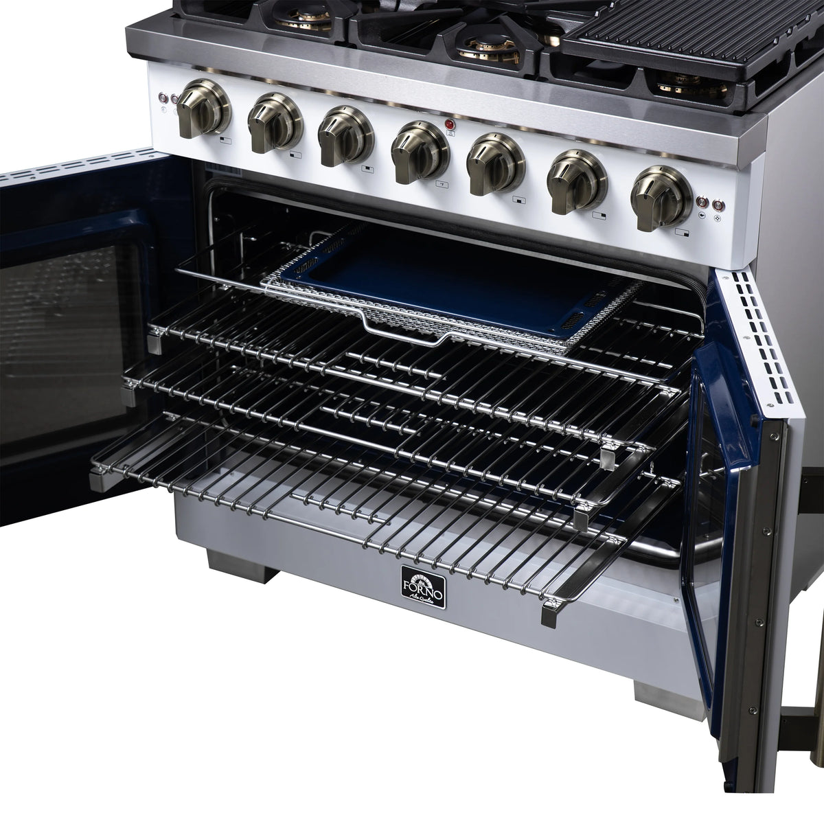 Freestanding gas range with open oven door, wire racks, and front burner knobs