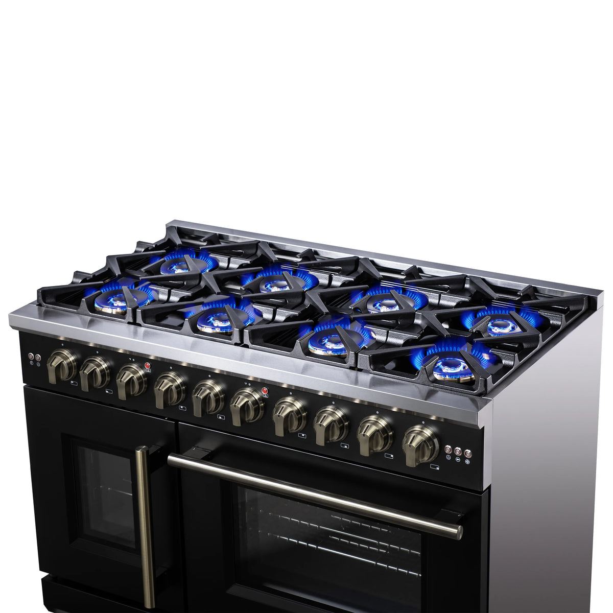 Black gas range with eight burners and convection oven, stainless top with brass controls