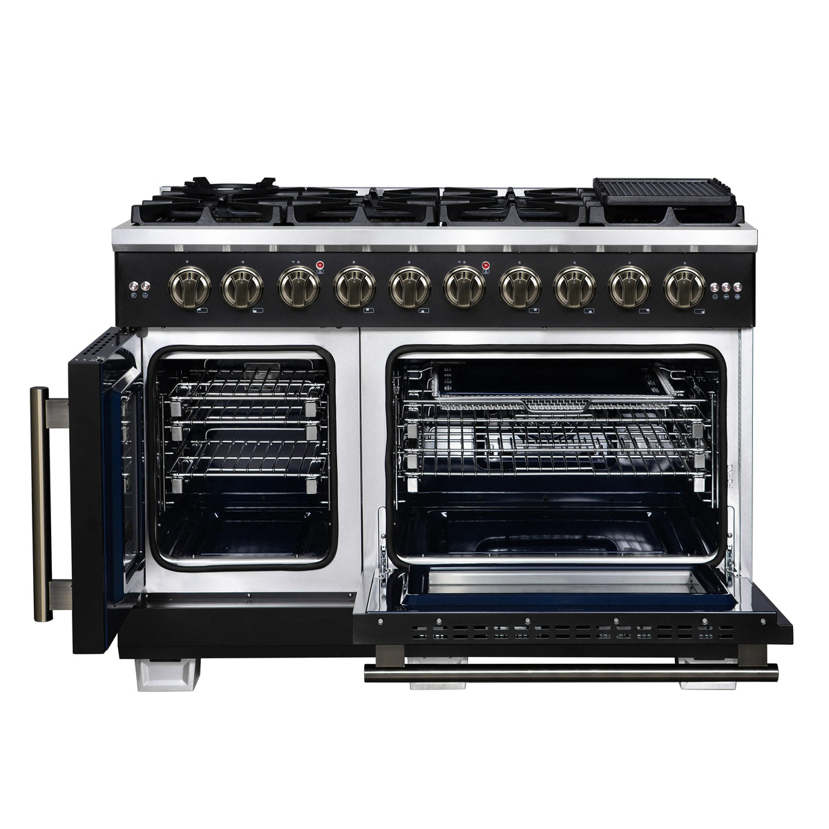 Black gas range open French doors showing two oven racks and convection interior
