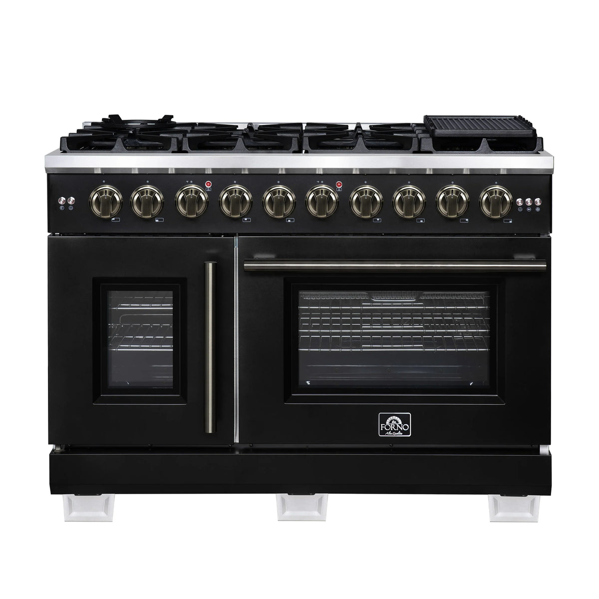 Forno Capriasca 48-Inch Freestanding French Door Gas Range with 8 Burners and 6.58 Cu.Ft. Convection Oven in Black with Antique Brass Trim (FFSGS6460-48BLK)