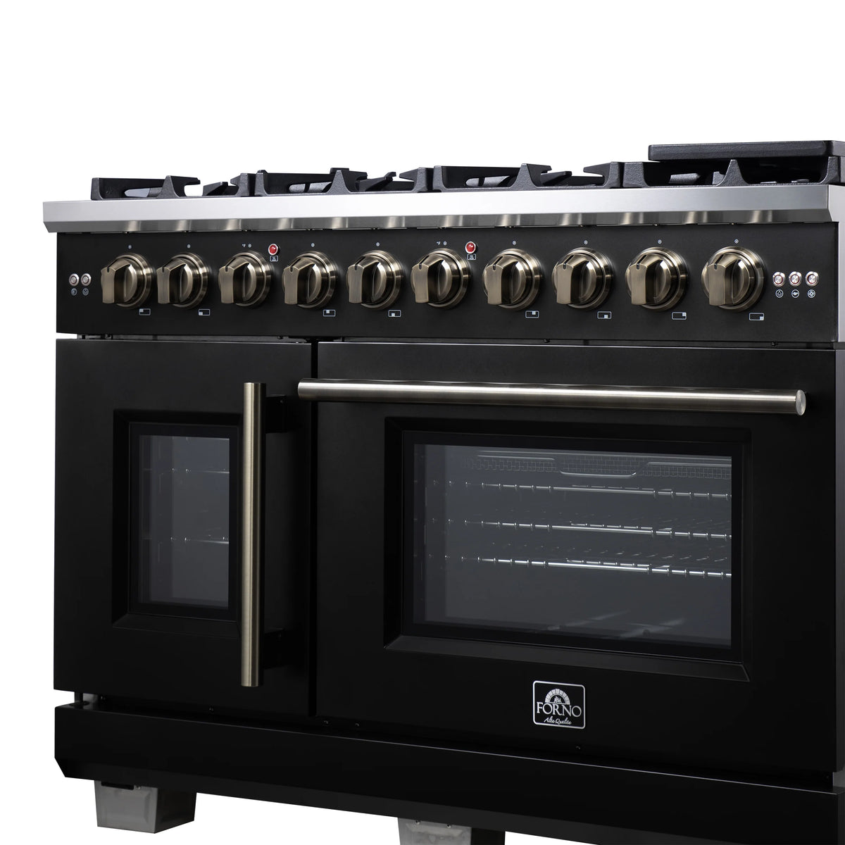 Black freestanding gas range with 8 burner cooktop, control knobs, and French doors