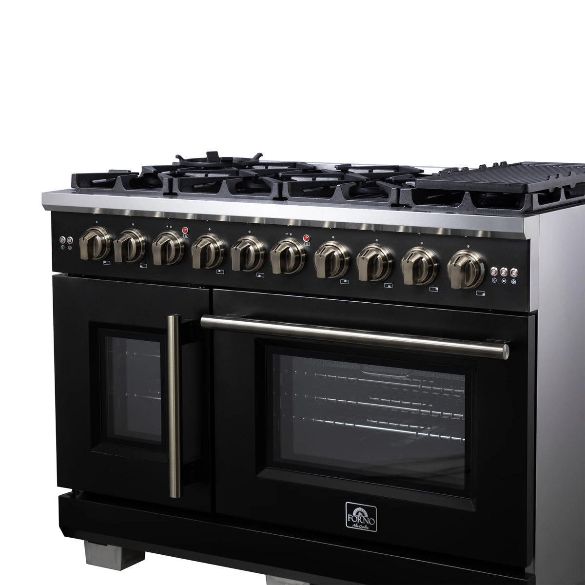 Black freestanding gas range with French doors, brass handles, and 8 burners
