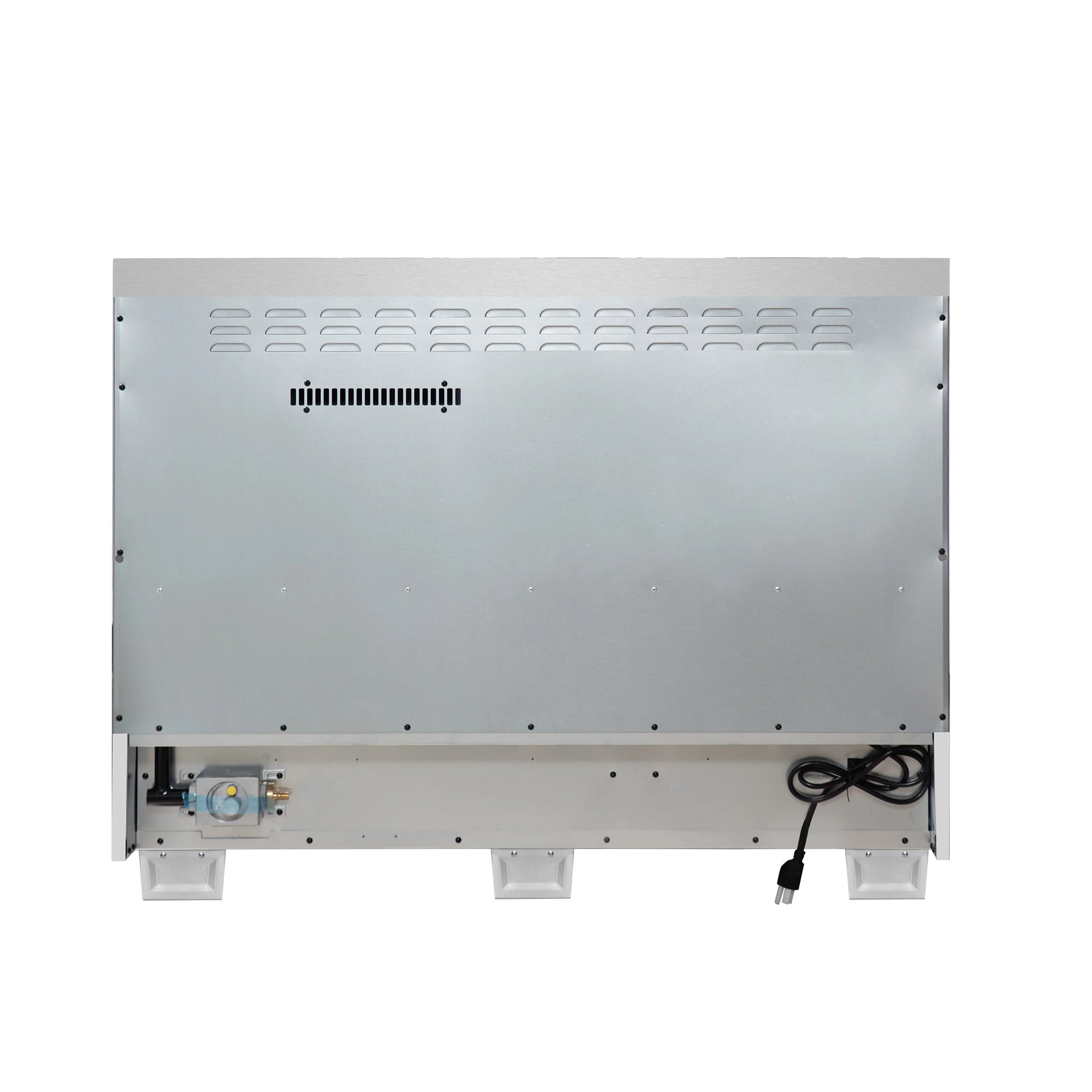Bottom rear panel of gas range with ventilation slots and power cord