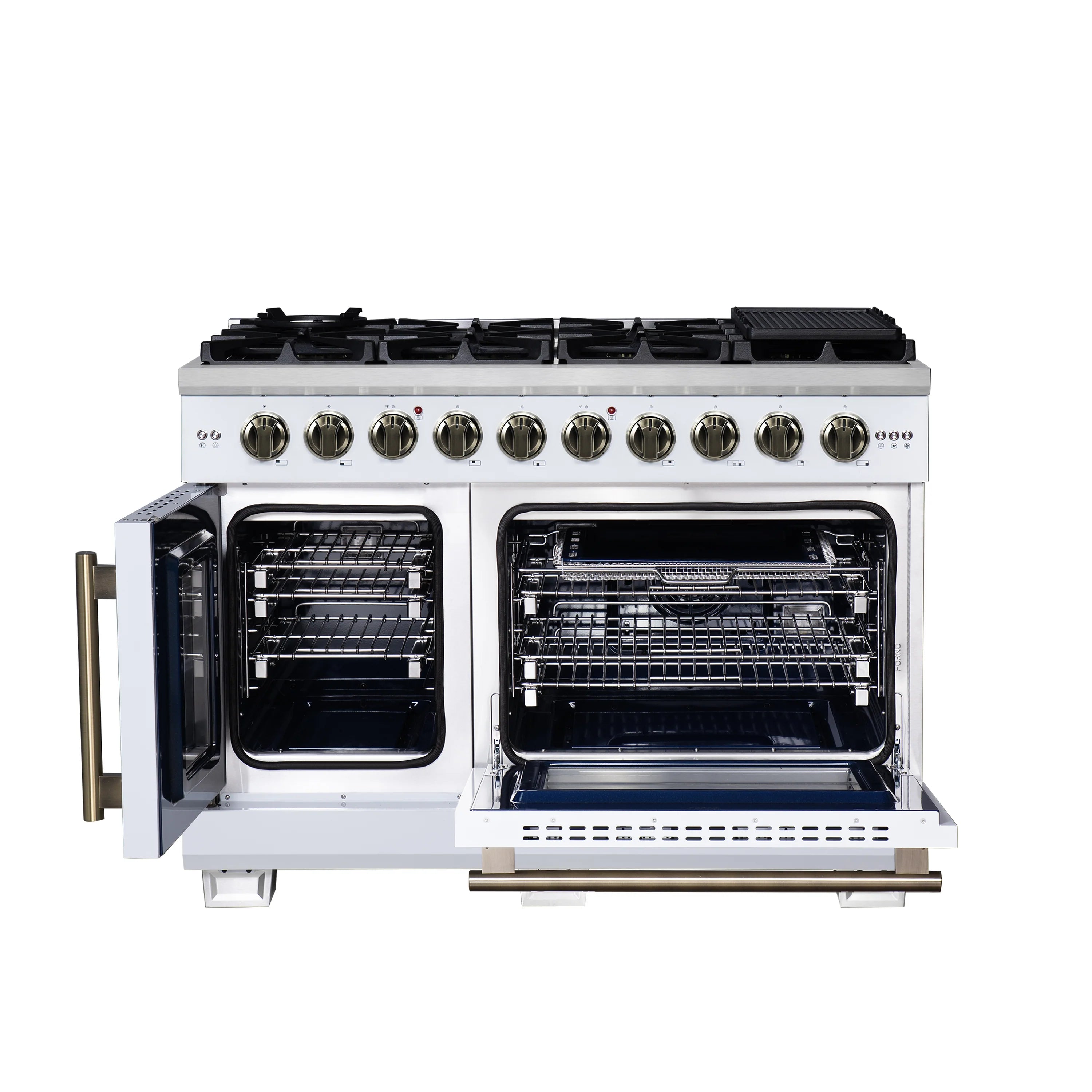 White freestanding gas range with French doors open and 8-burner cooktop.