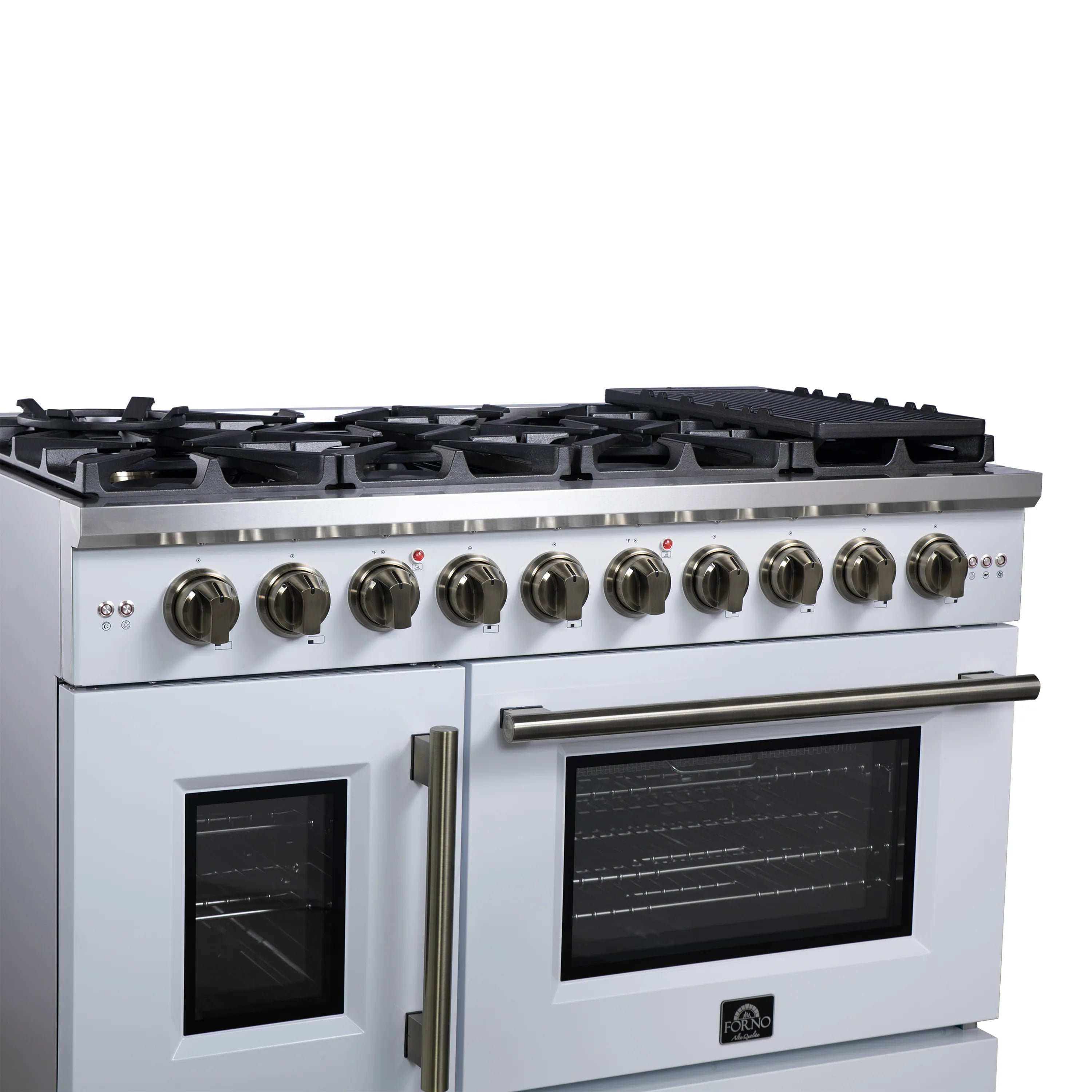 White gas range close front view: 8 knobs, French doors, antique brass handle.
