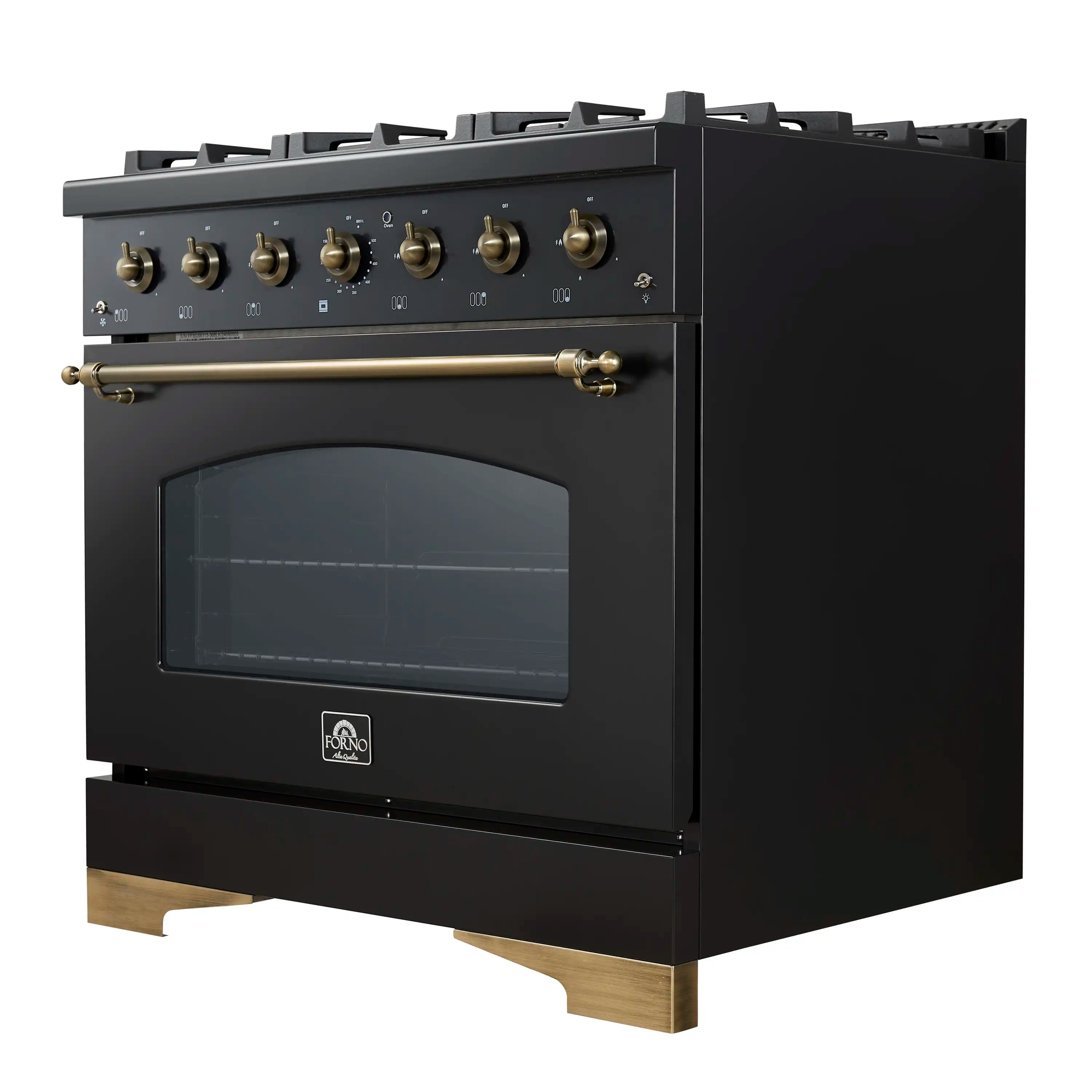 36-inch dual fuel range in black with brass handle trim and oven glass window