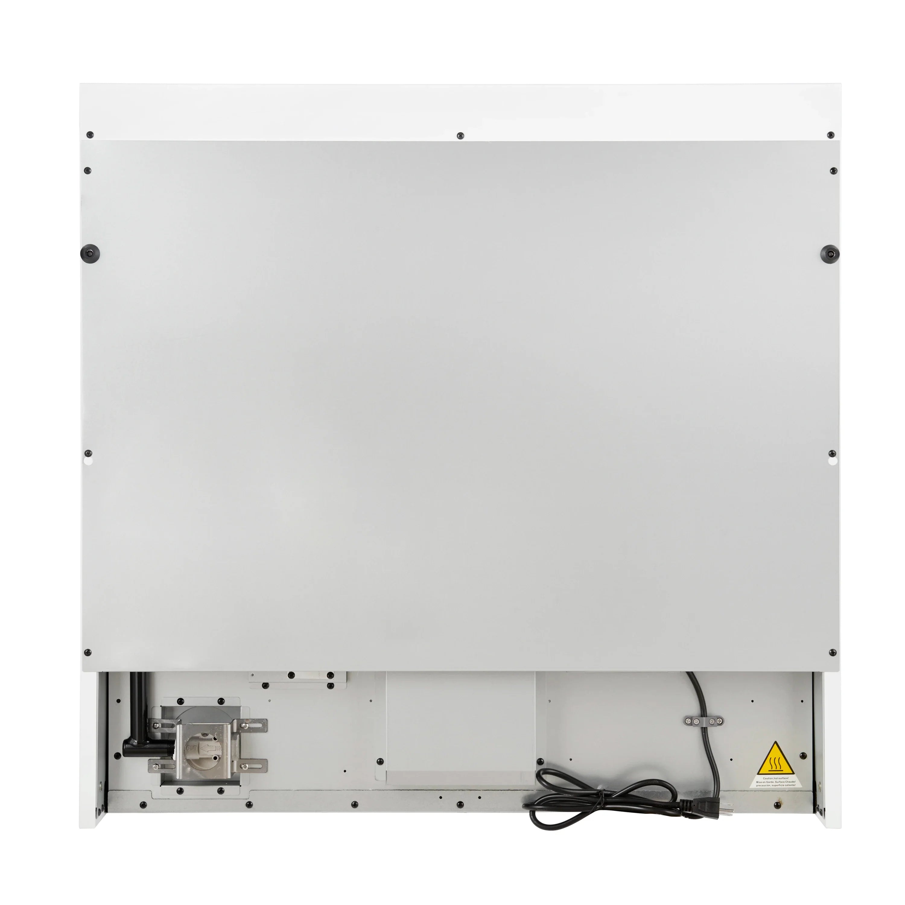 White gas range rear service panel with ventilation openings and wiring
