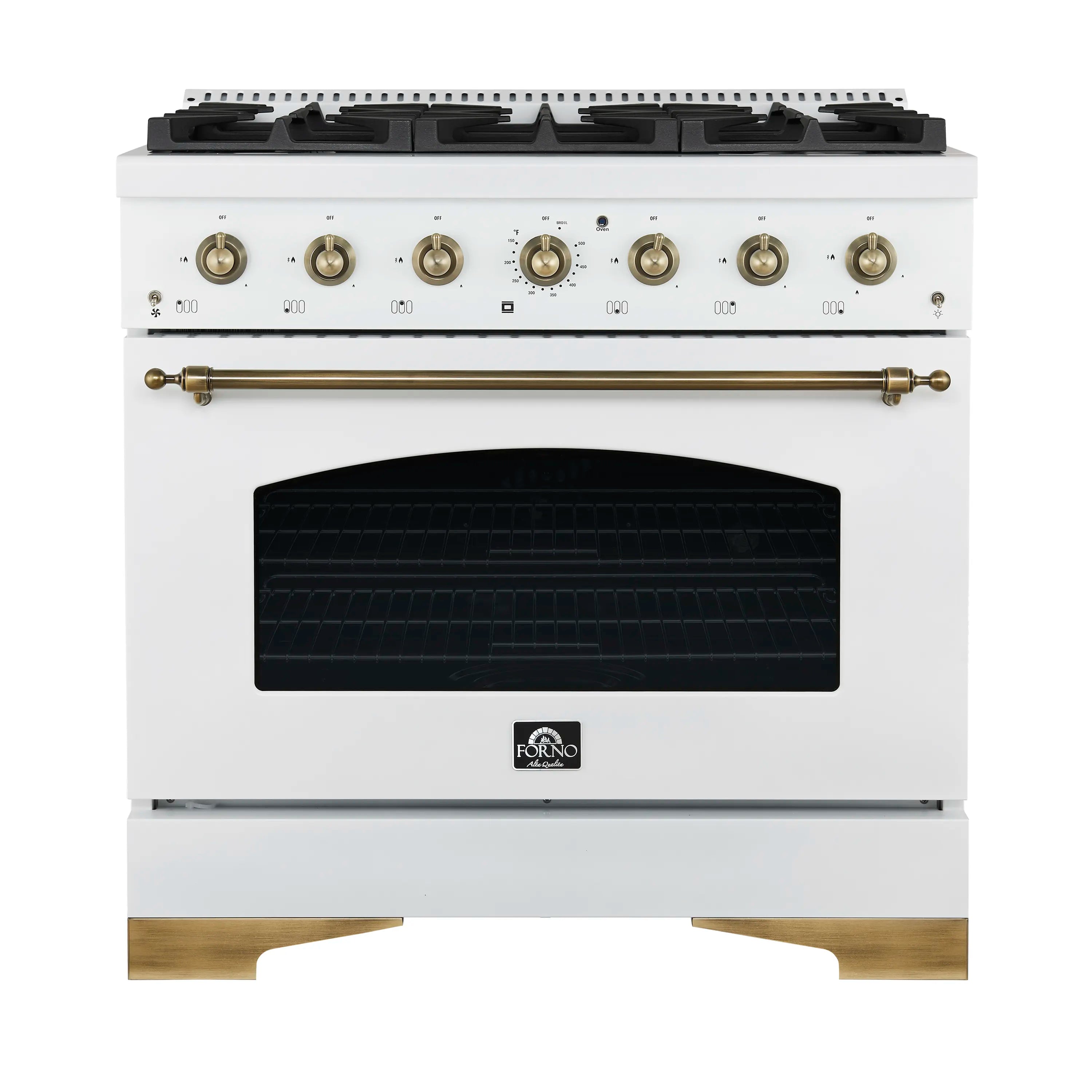 White gas range with six brass knobs, long brass handle, and a dark oven window