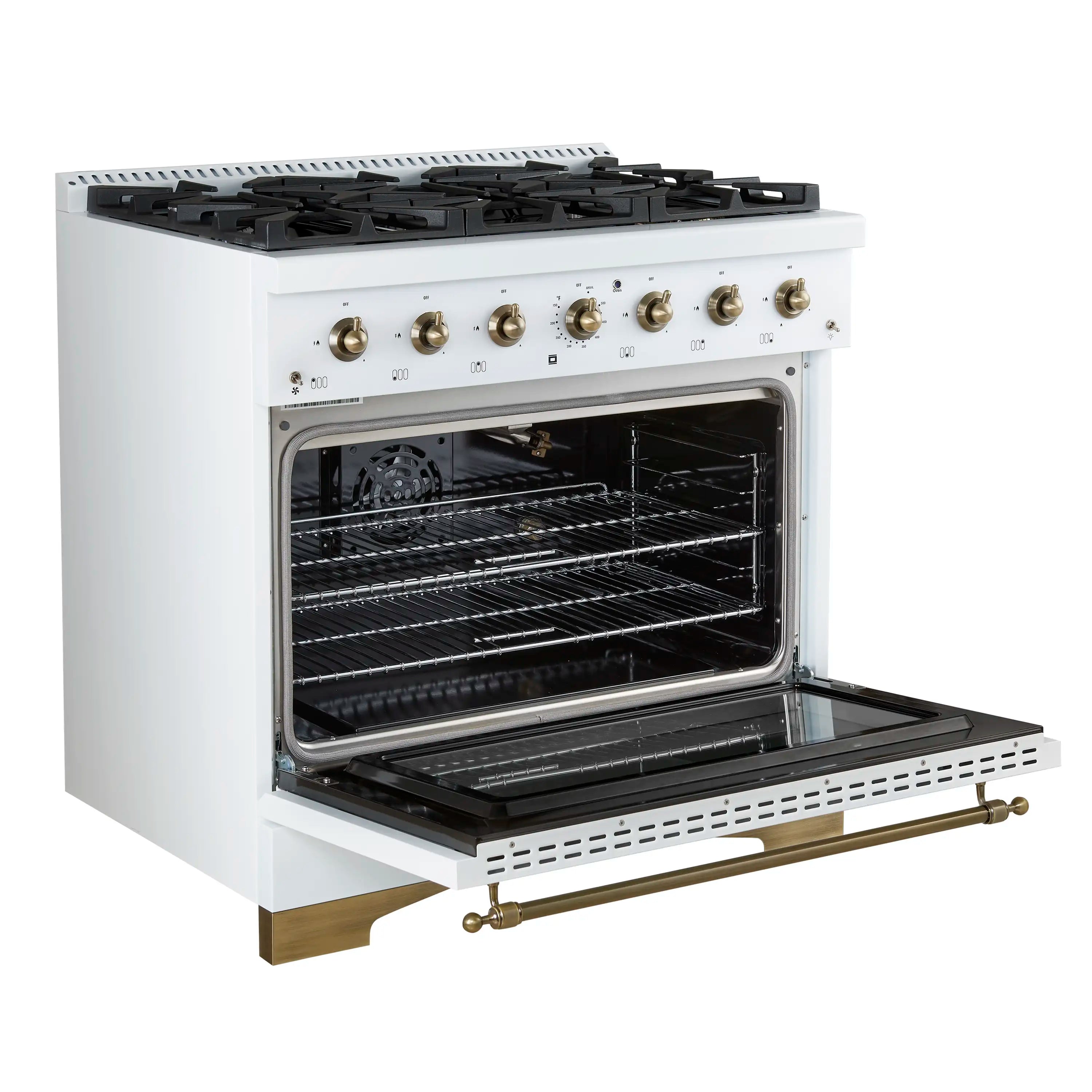 White Forno Antico gas range with open oven door, racks, and brass rail