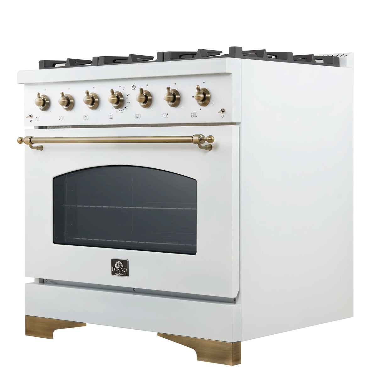 White gas range with black oven window, antique brass knobs, and brass control bar