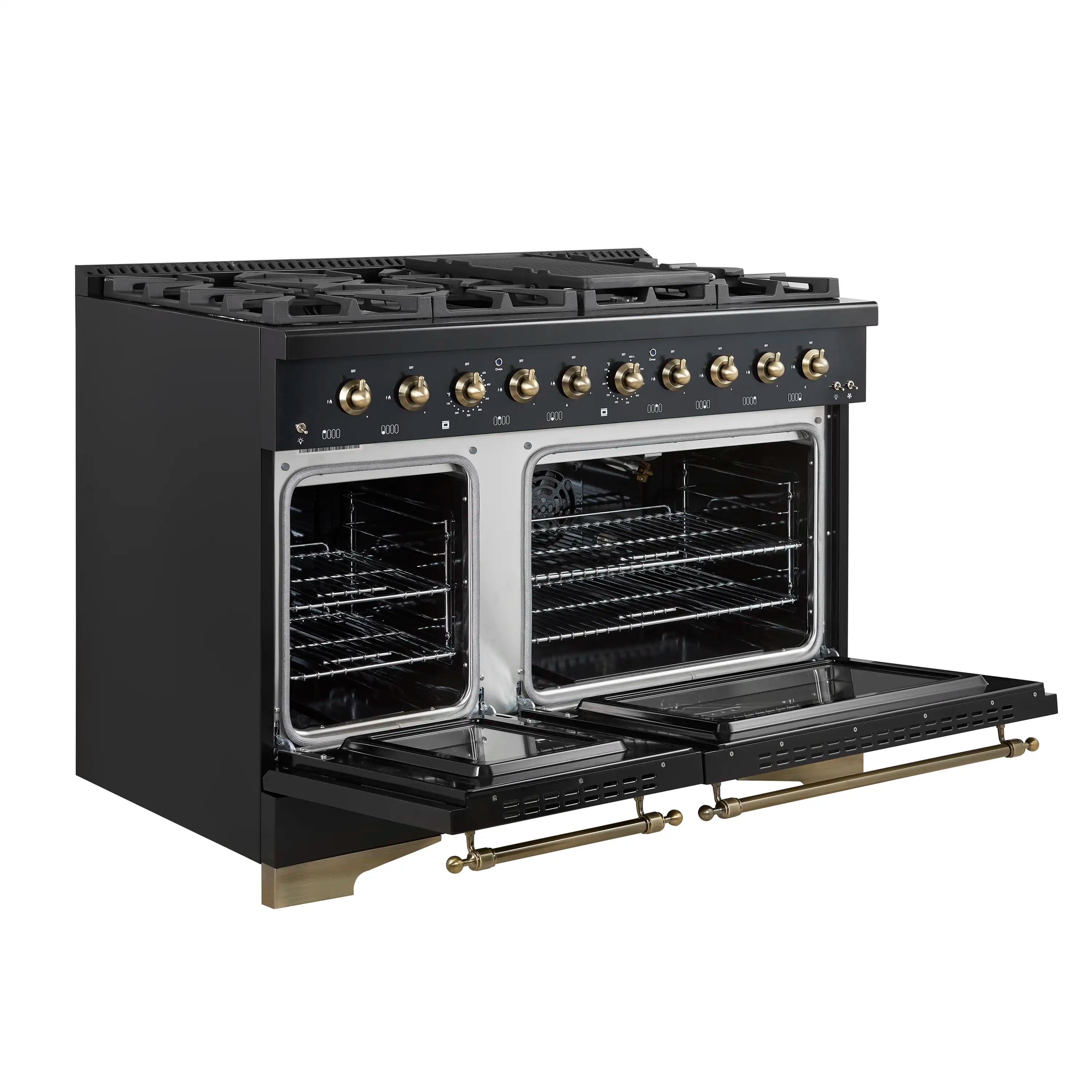 Black gas range with oven door open, showing racks and double-oven interior