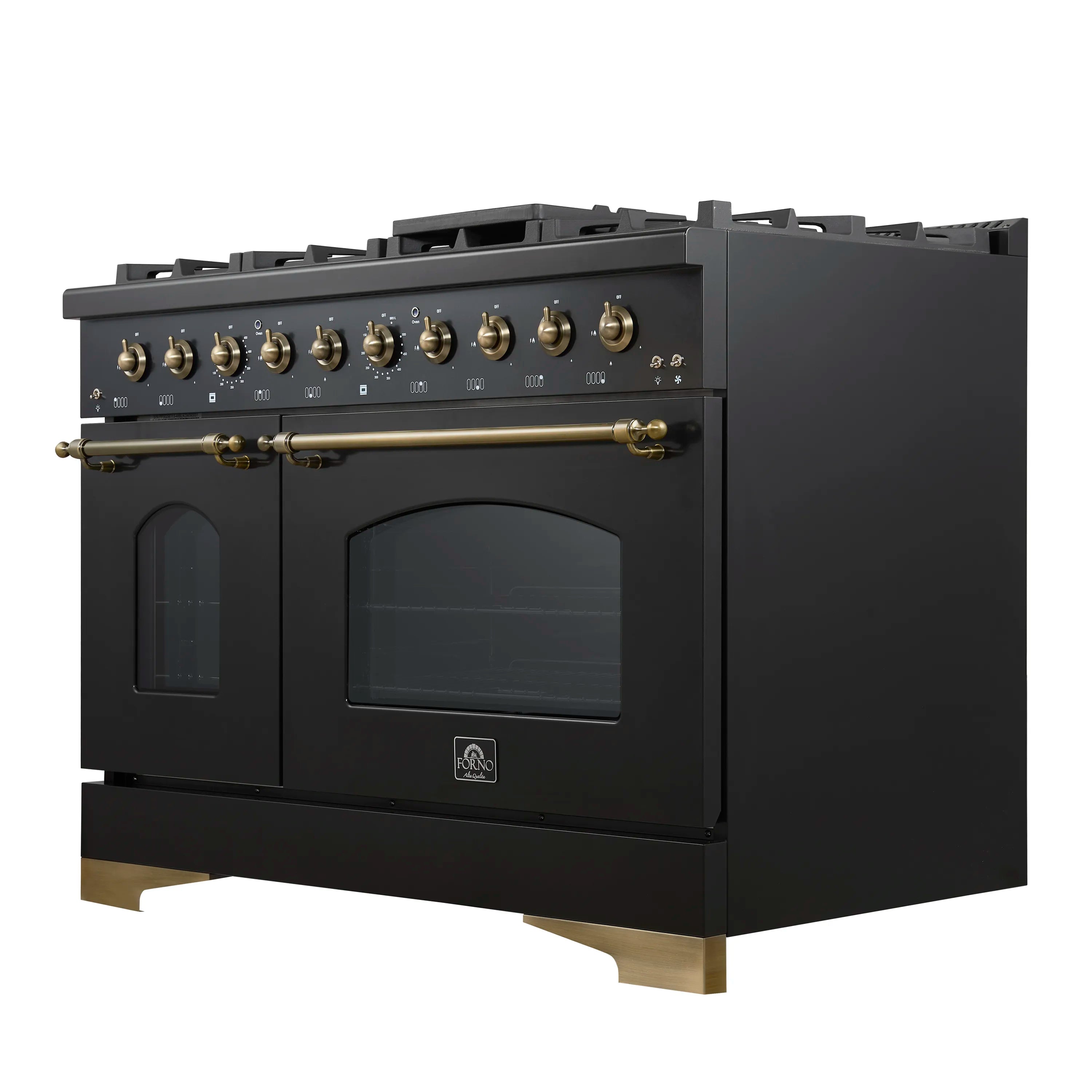 Black gas range side view with brass handle, oven doors, and burner control knobs