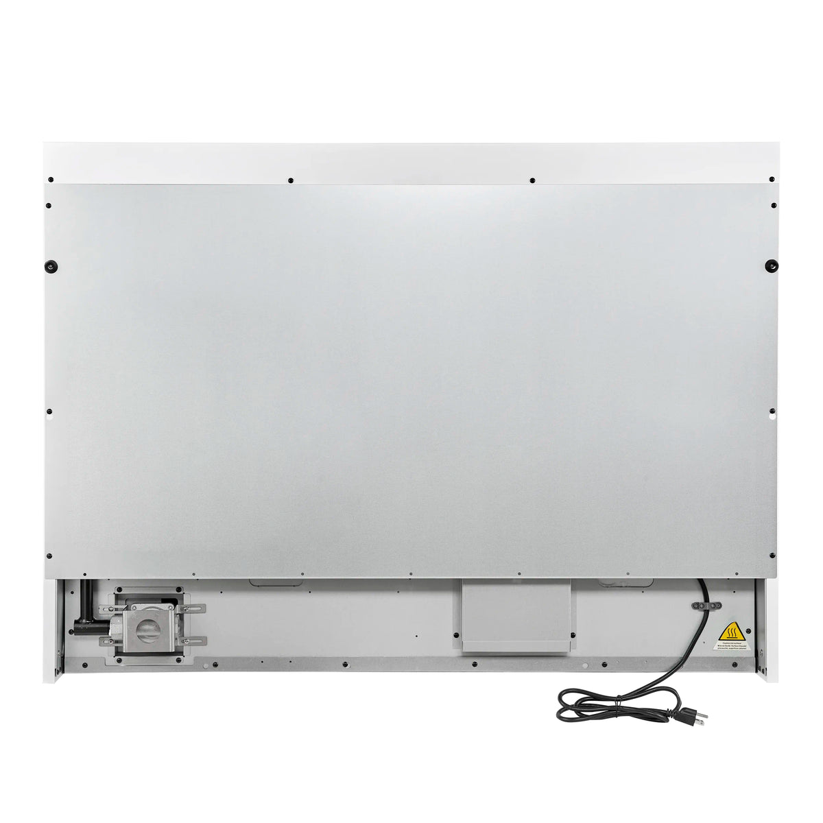 White gas range back panel with vent openings and power cord connection.
