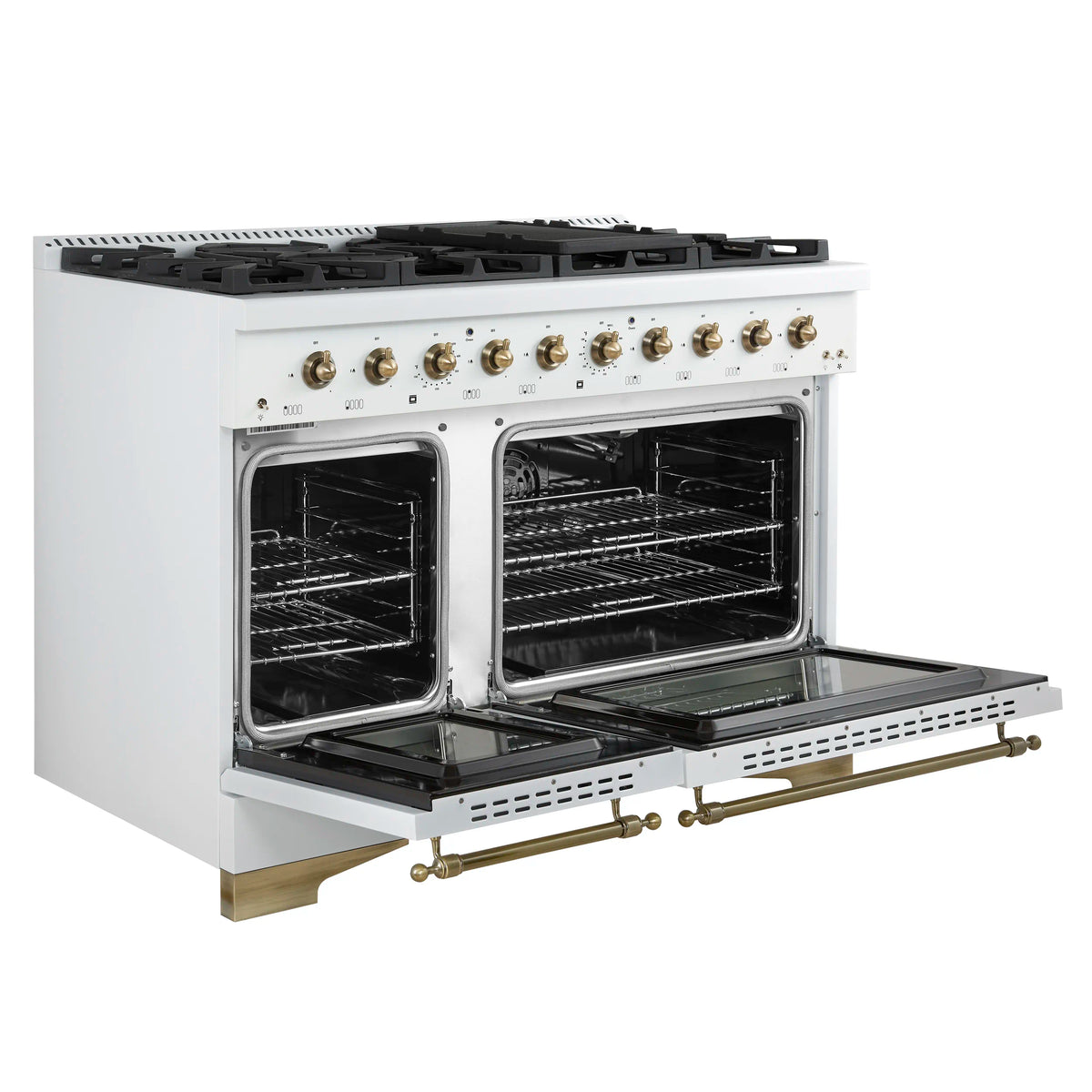 White gas range with black grates and both ovens open, showing racks.