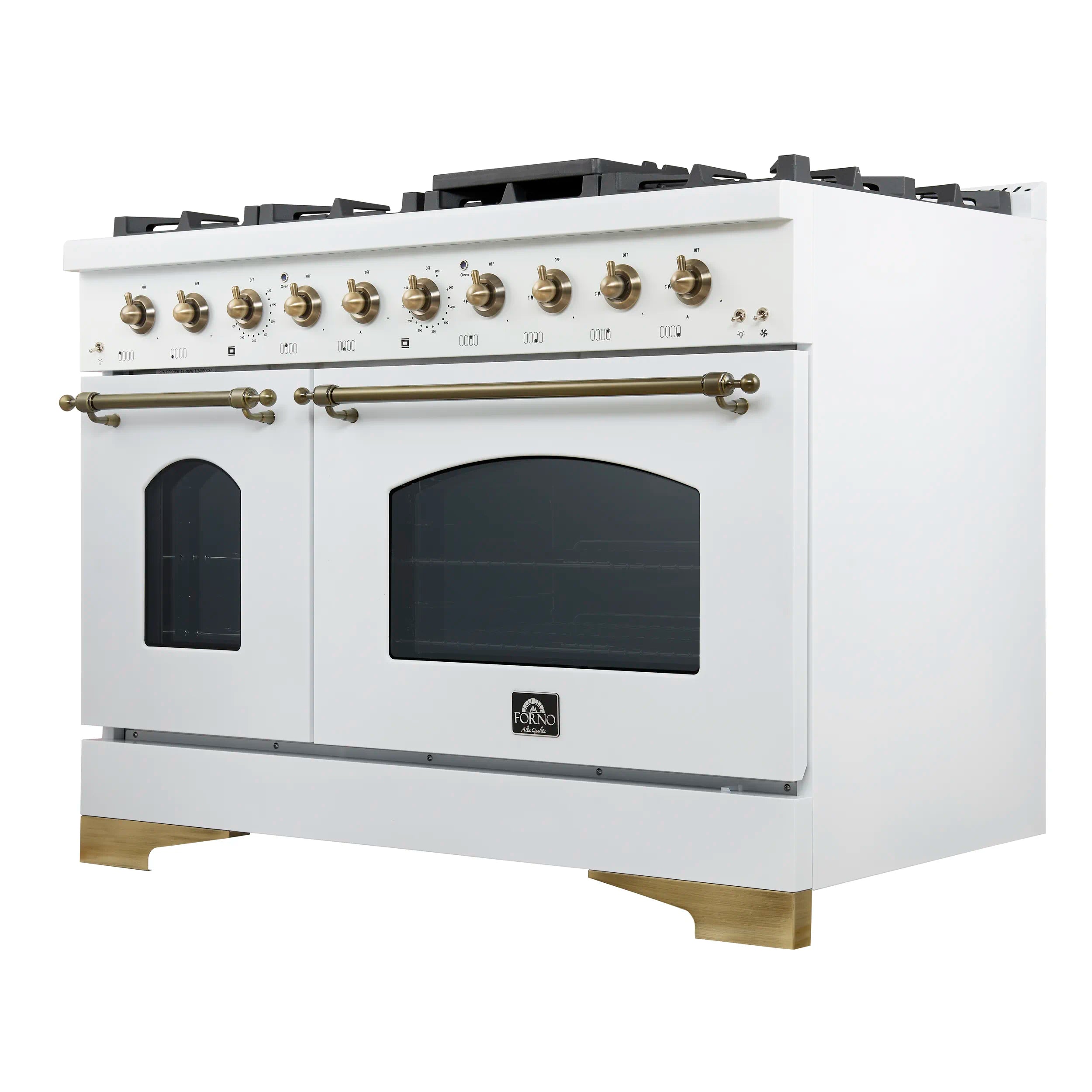 White dual fuel range with brass knobs, closed ovens, and black glass door panels