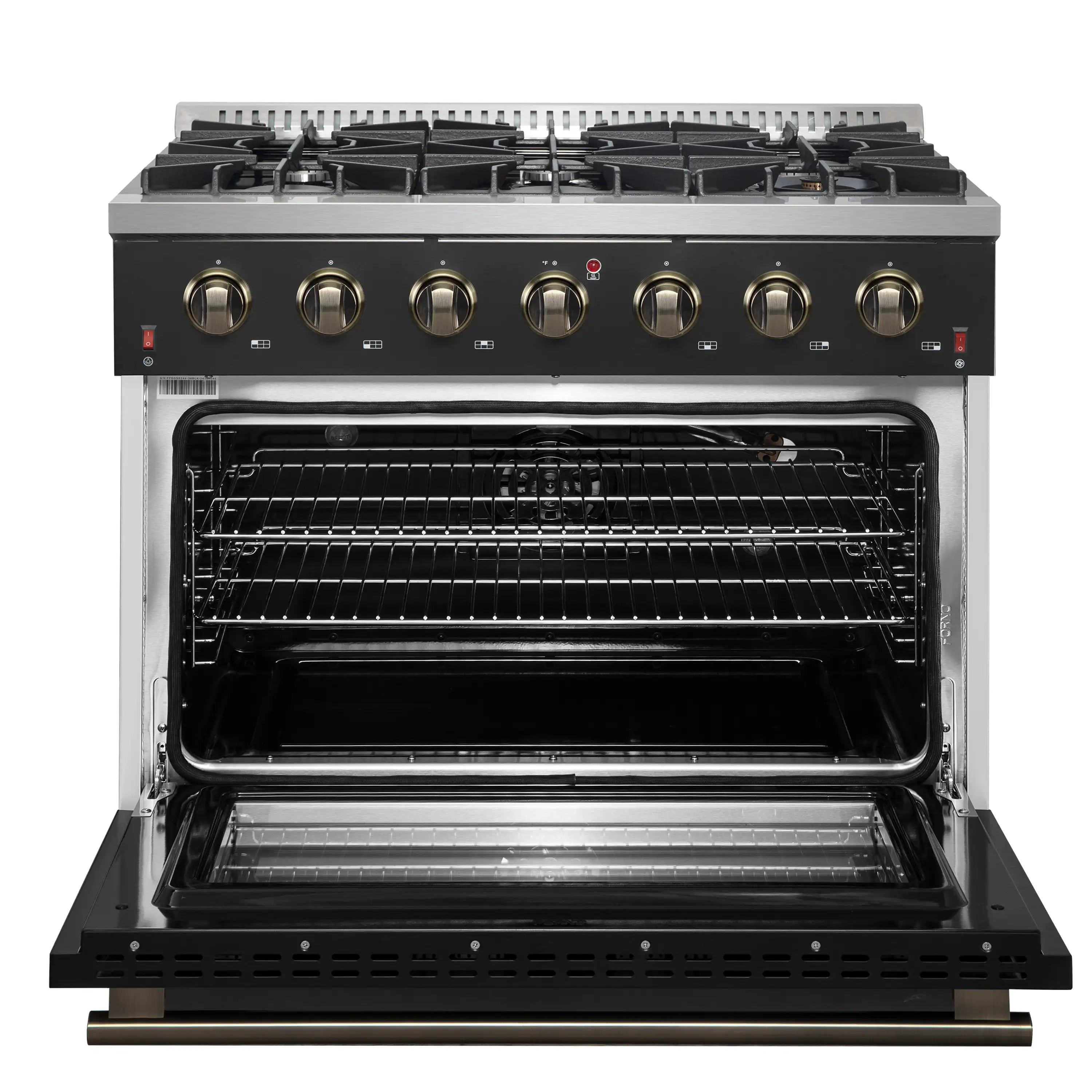 Gas range with open oven door showing racks, plus brass rail trim