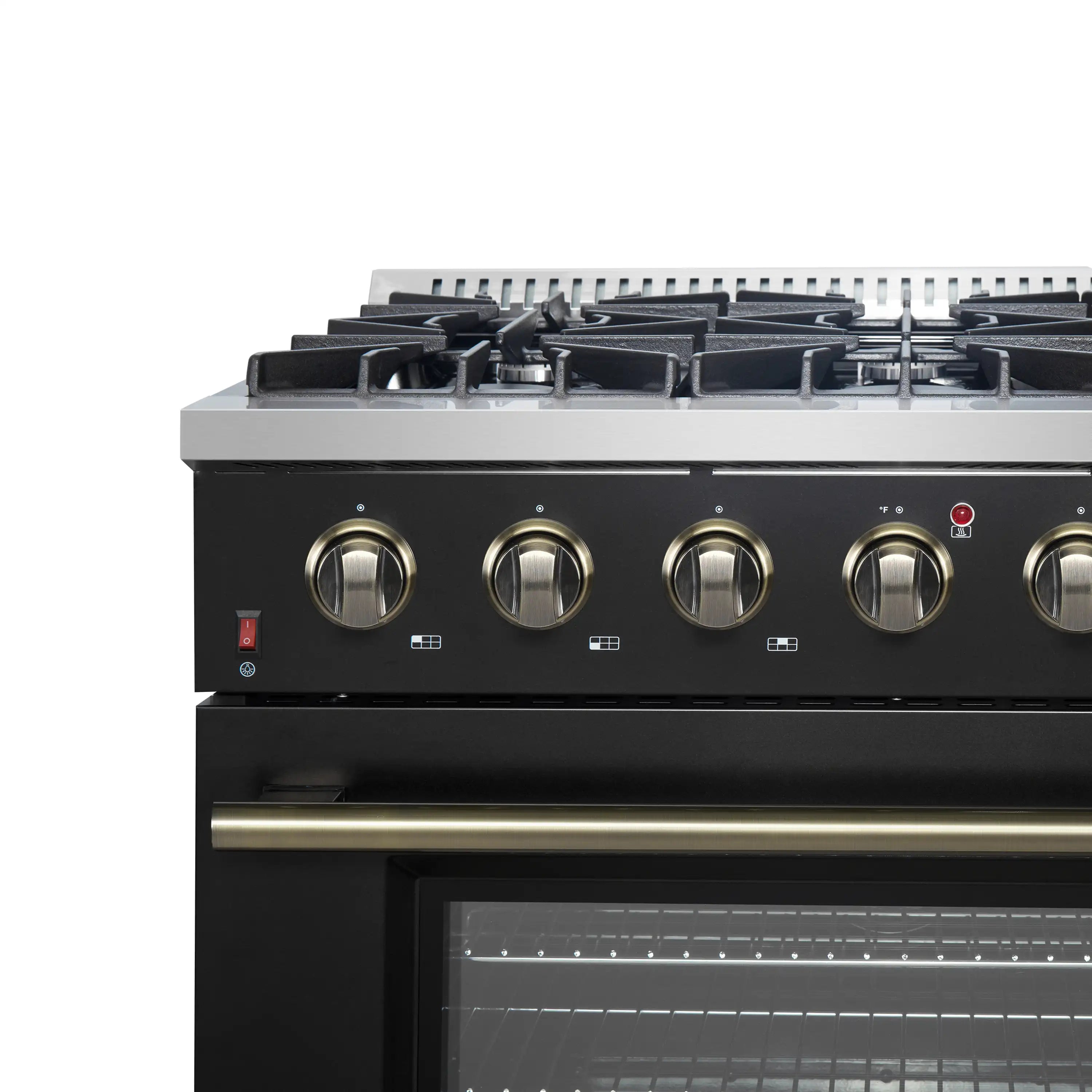 Gas range control panel with brass knobs and black oven door