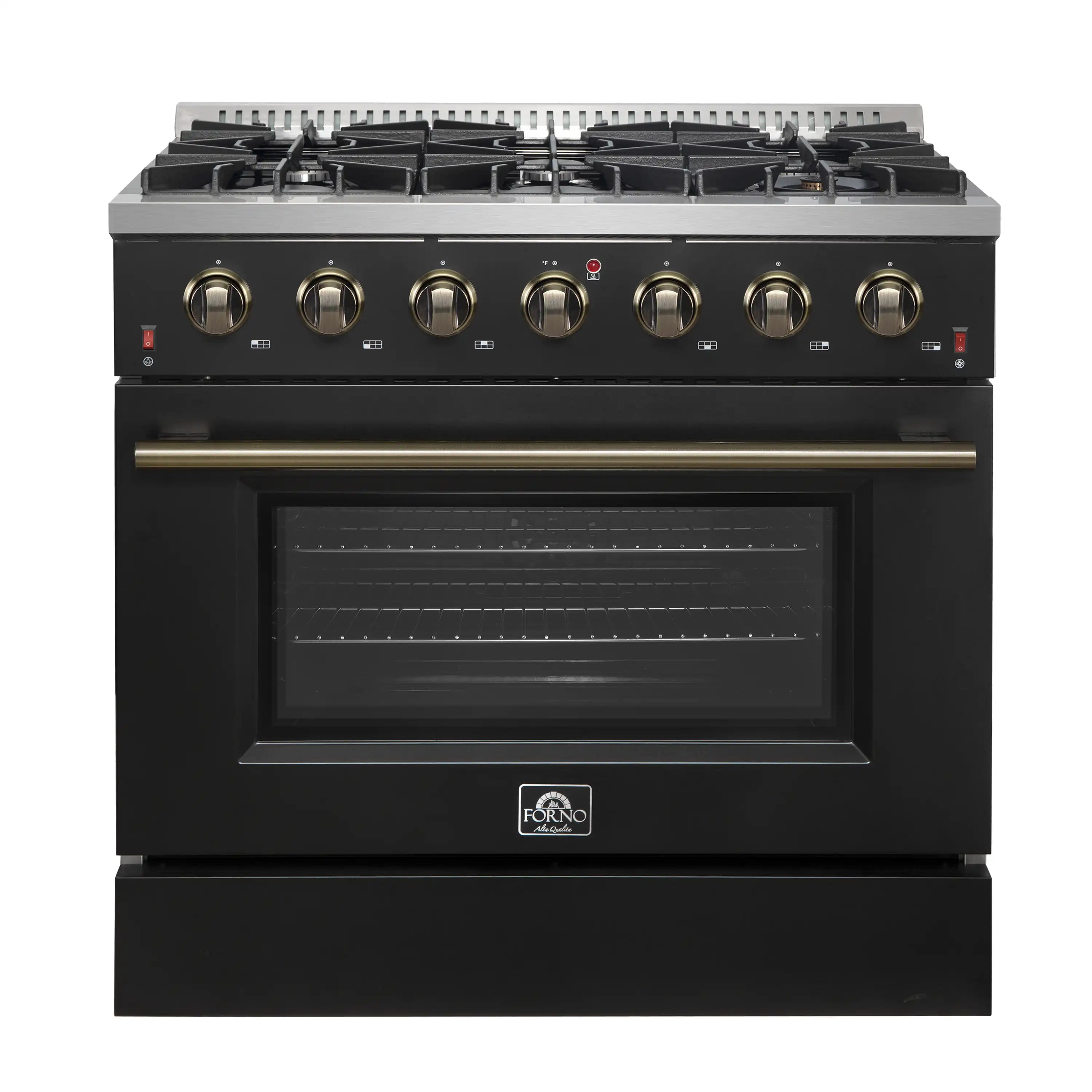 Black 36-inch gas range with six burner grates and brass-trim control knobs