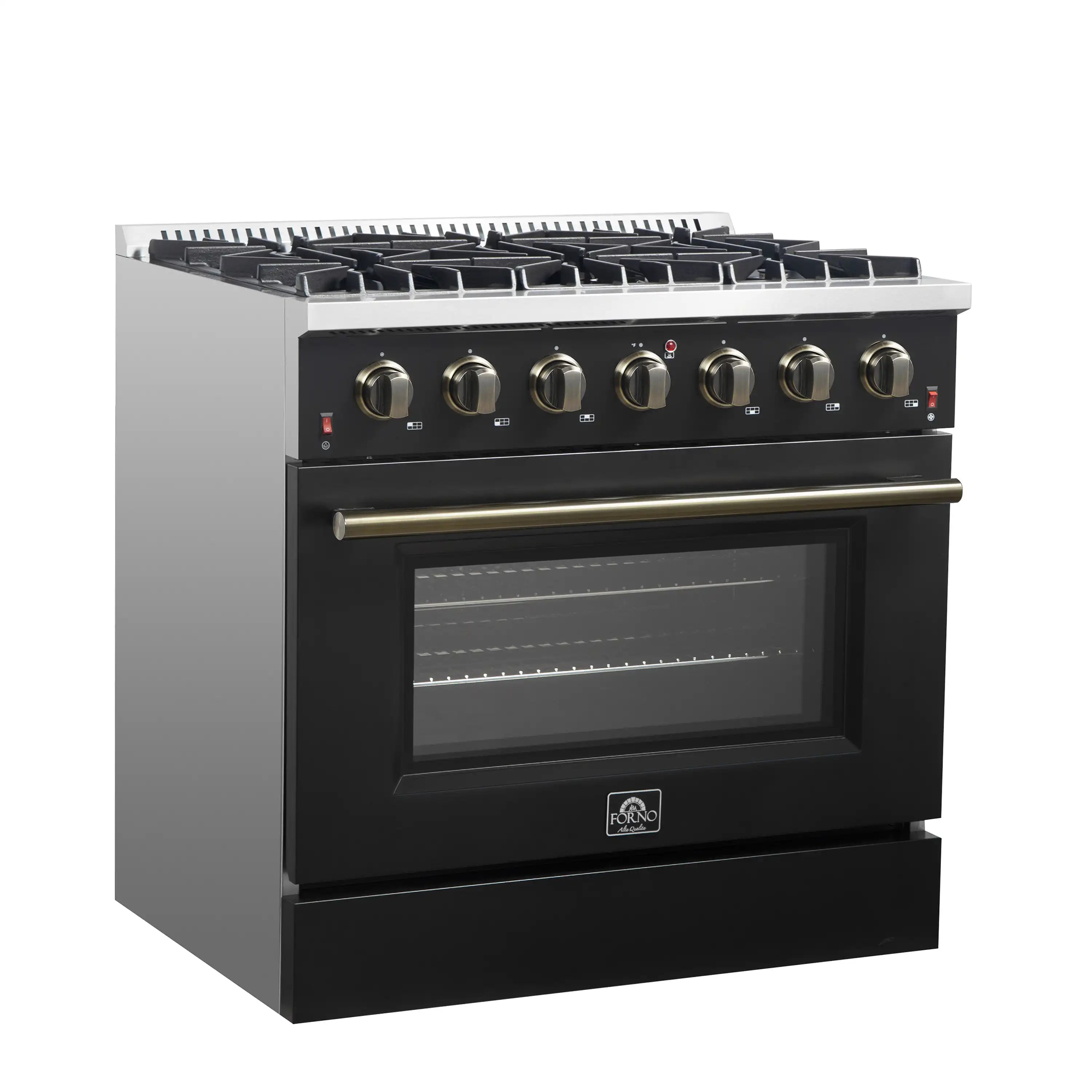 Black gas range with brass-trim control panel and closed oven door