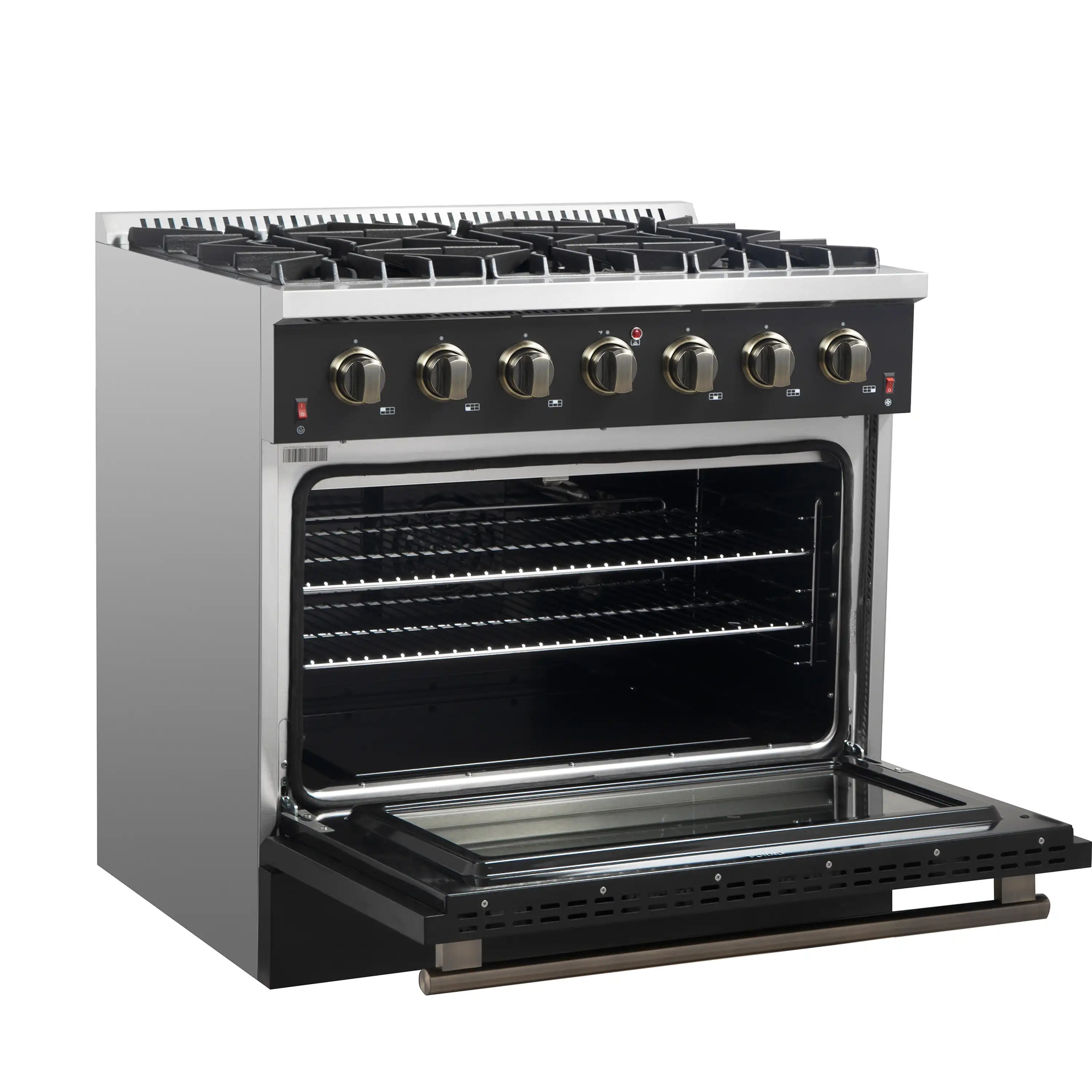 Black gas range with oven door open and pull-out broiler area, brass-tone accents