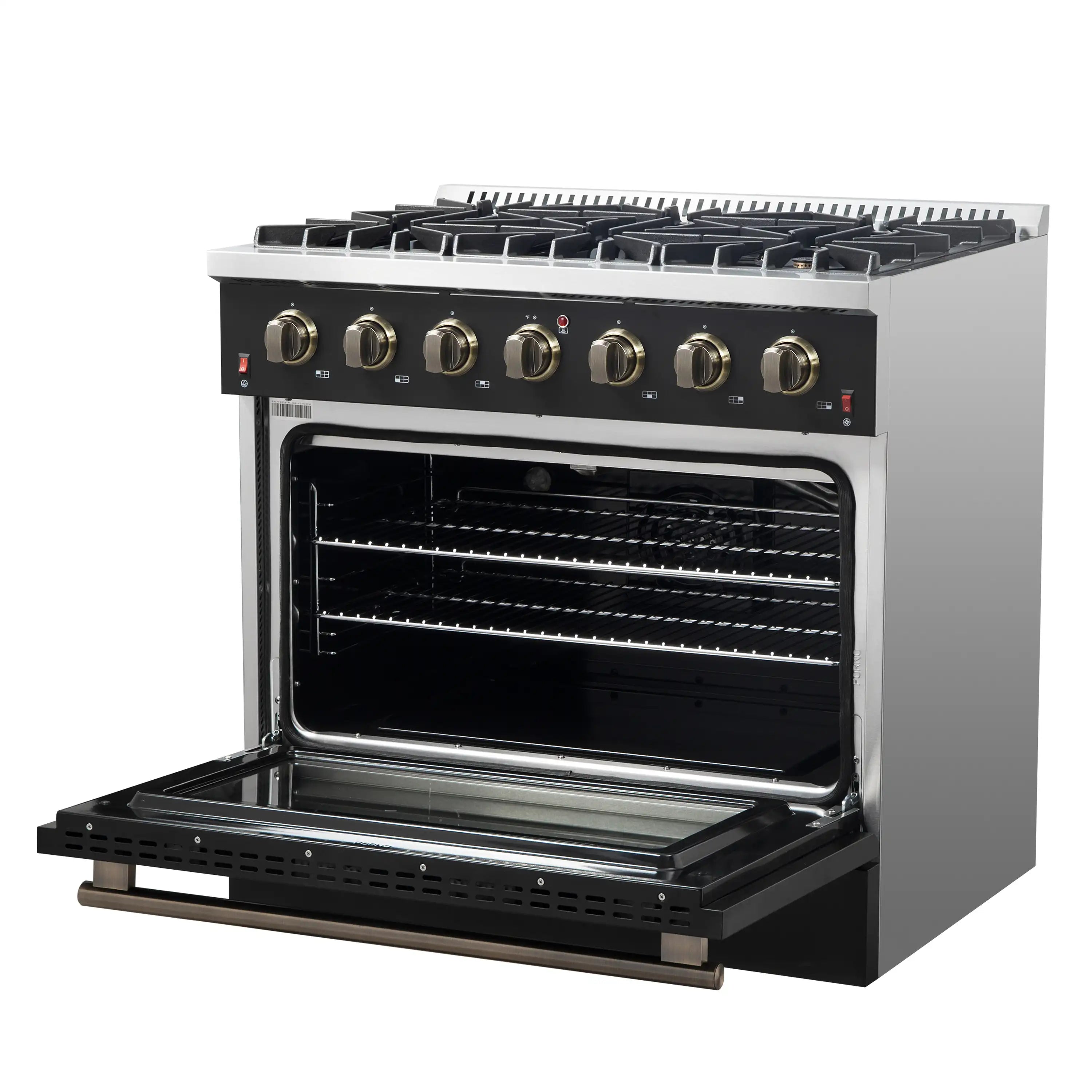 Black gas range with oven door open; brass-accent handle at bottom and burner controls above